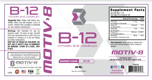 Etiqueta del suplemento líquido Motiv-8 Essentials vitamina B-12