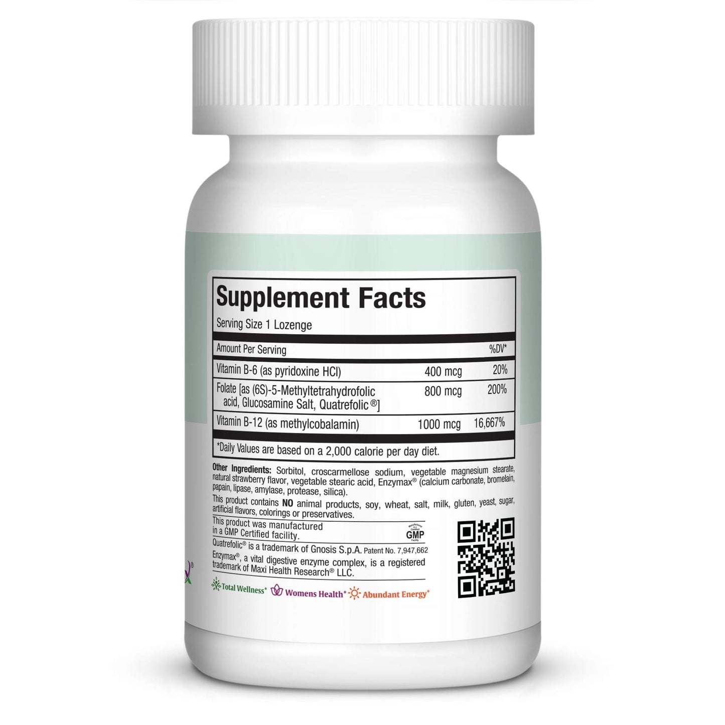 Etiqueta suplemento Maxi Health metilfolato B12 B6 kosher