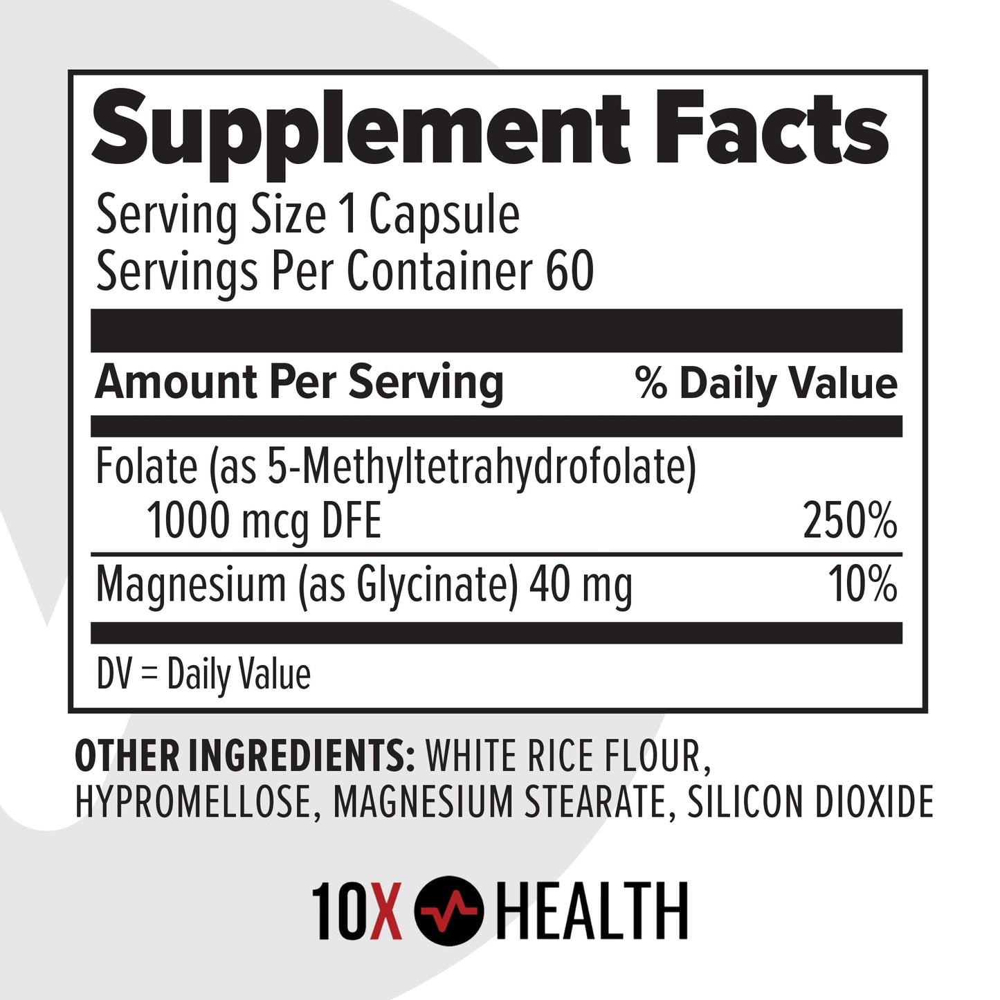 Etiqueta del suplemento metilfolato 10X Health 5 MTHF
