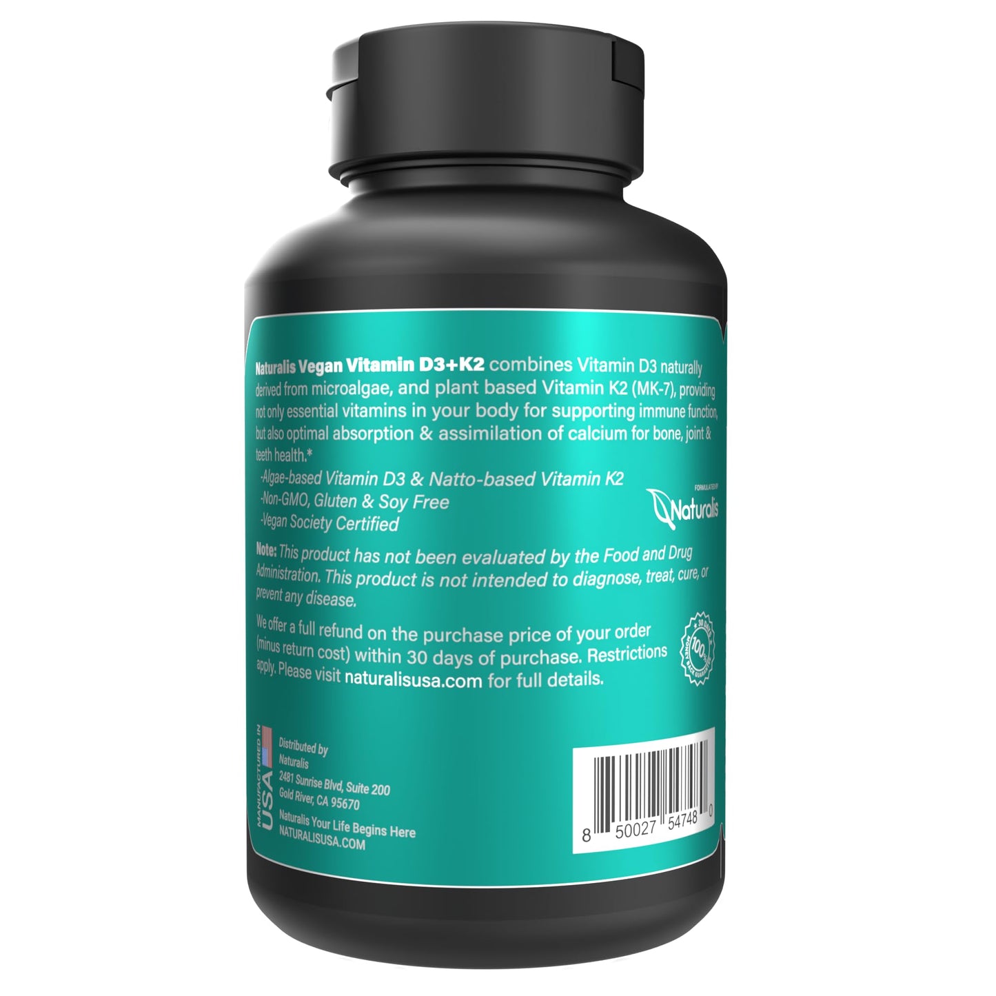Etiqueta de suplemento Naturalis vitamina D3 y K2 vegano