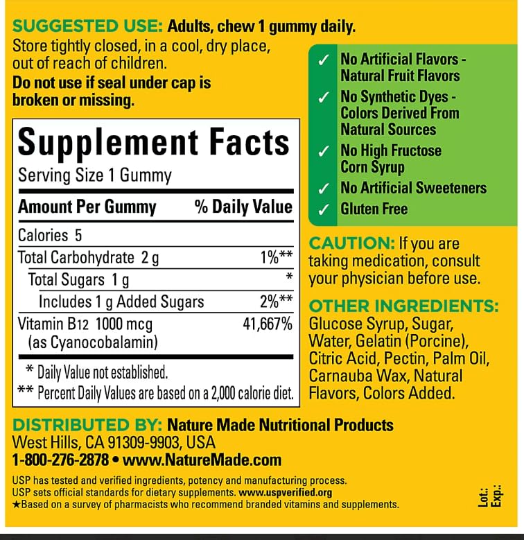 Etiqueta del suplemento Nature Made B12 3000 mcg
