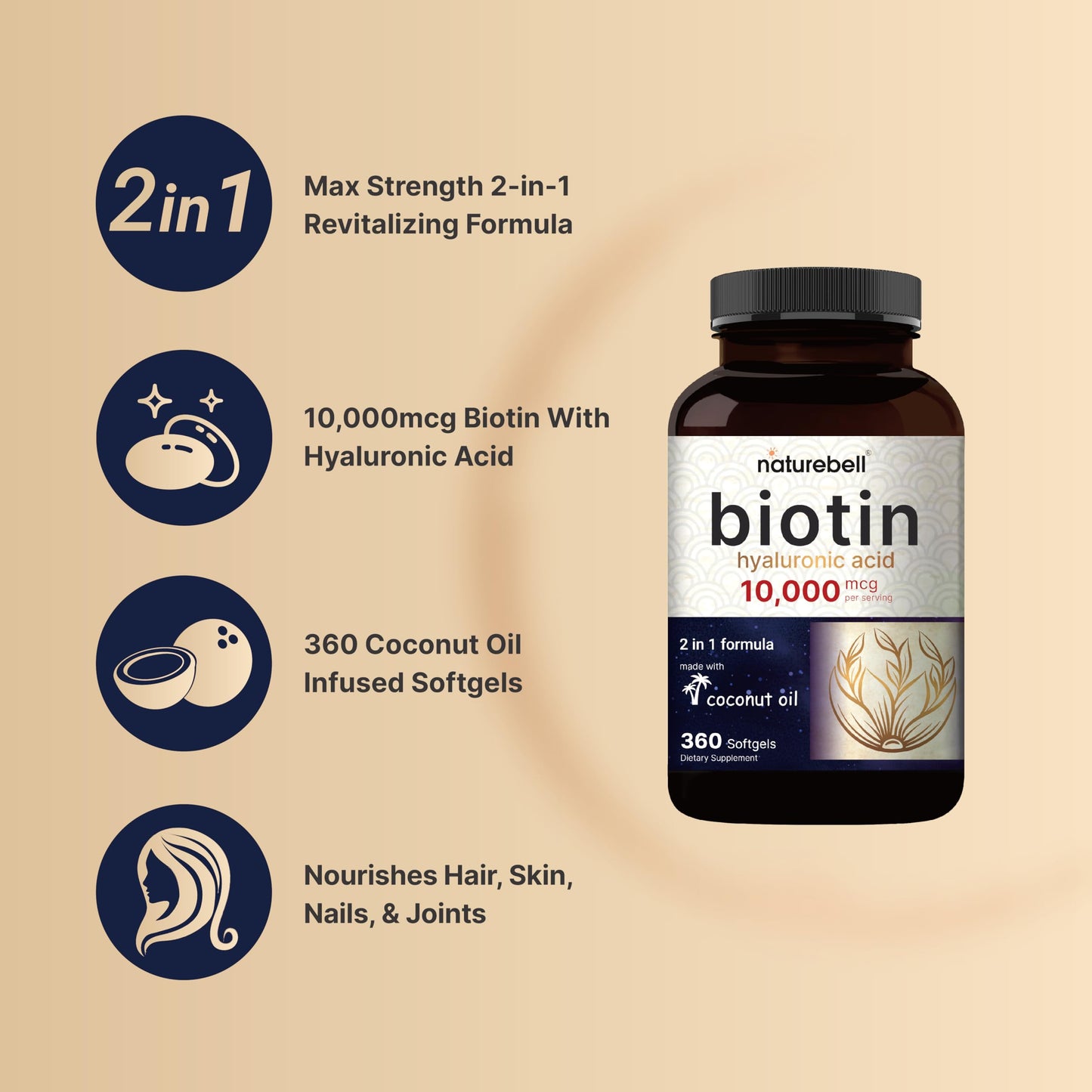 Etiqueta suplemento NatureBell biotina y ácido hialurónico