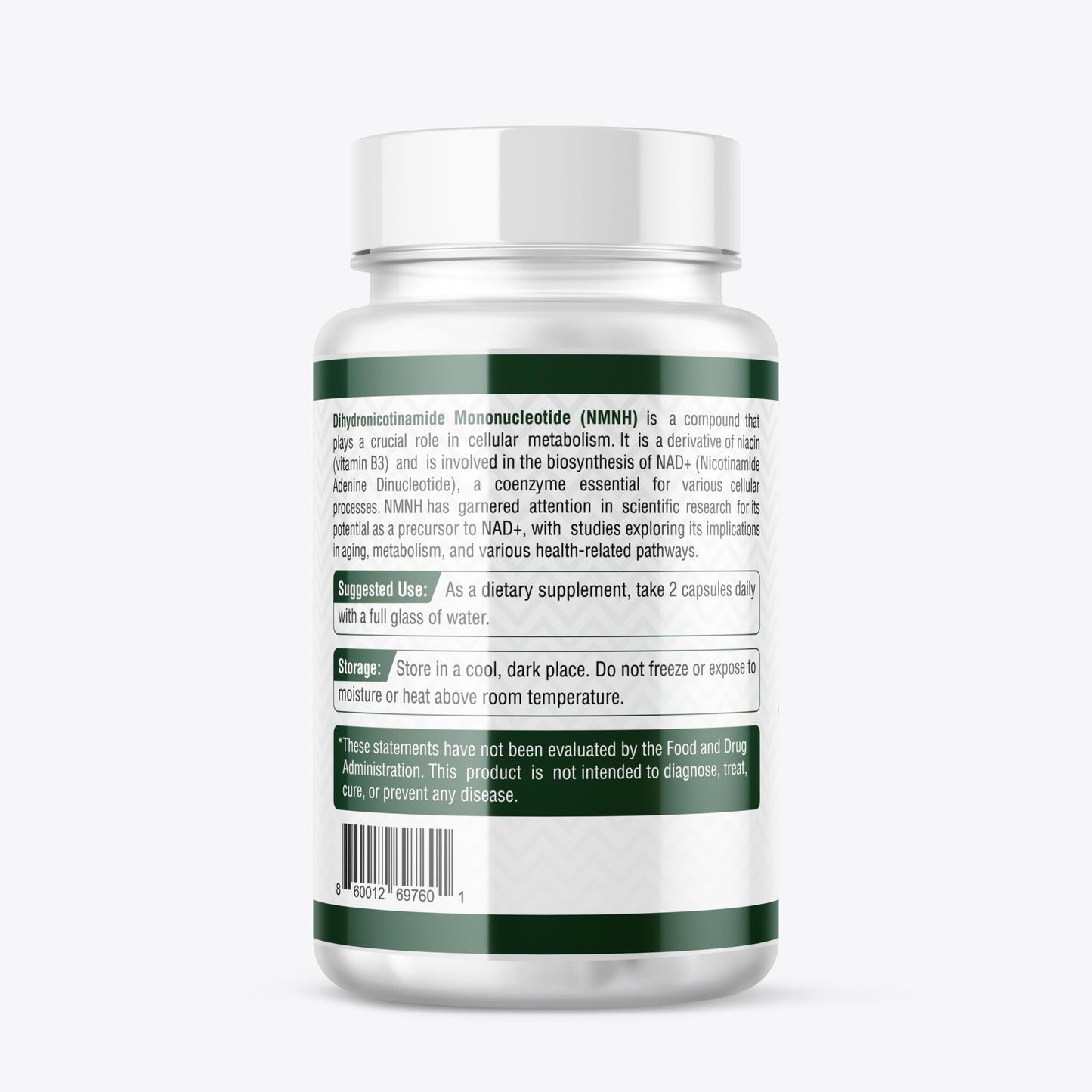 Etiqueta del suplemento Uthpeak NMNH con dosis recomendada 250mg
