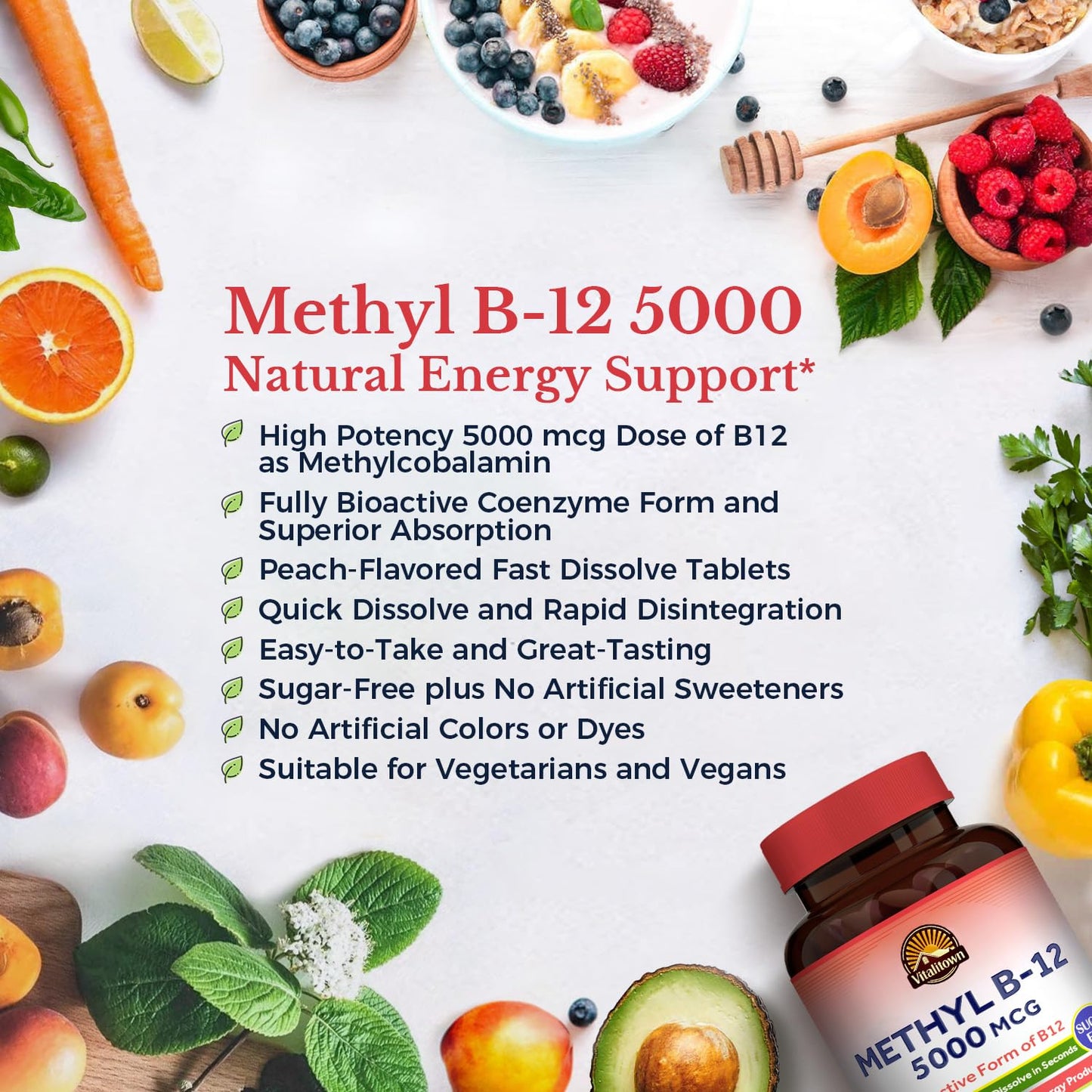 Etiqueta del suplemento Vitalitown vitamina B12 5000 mcg