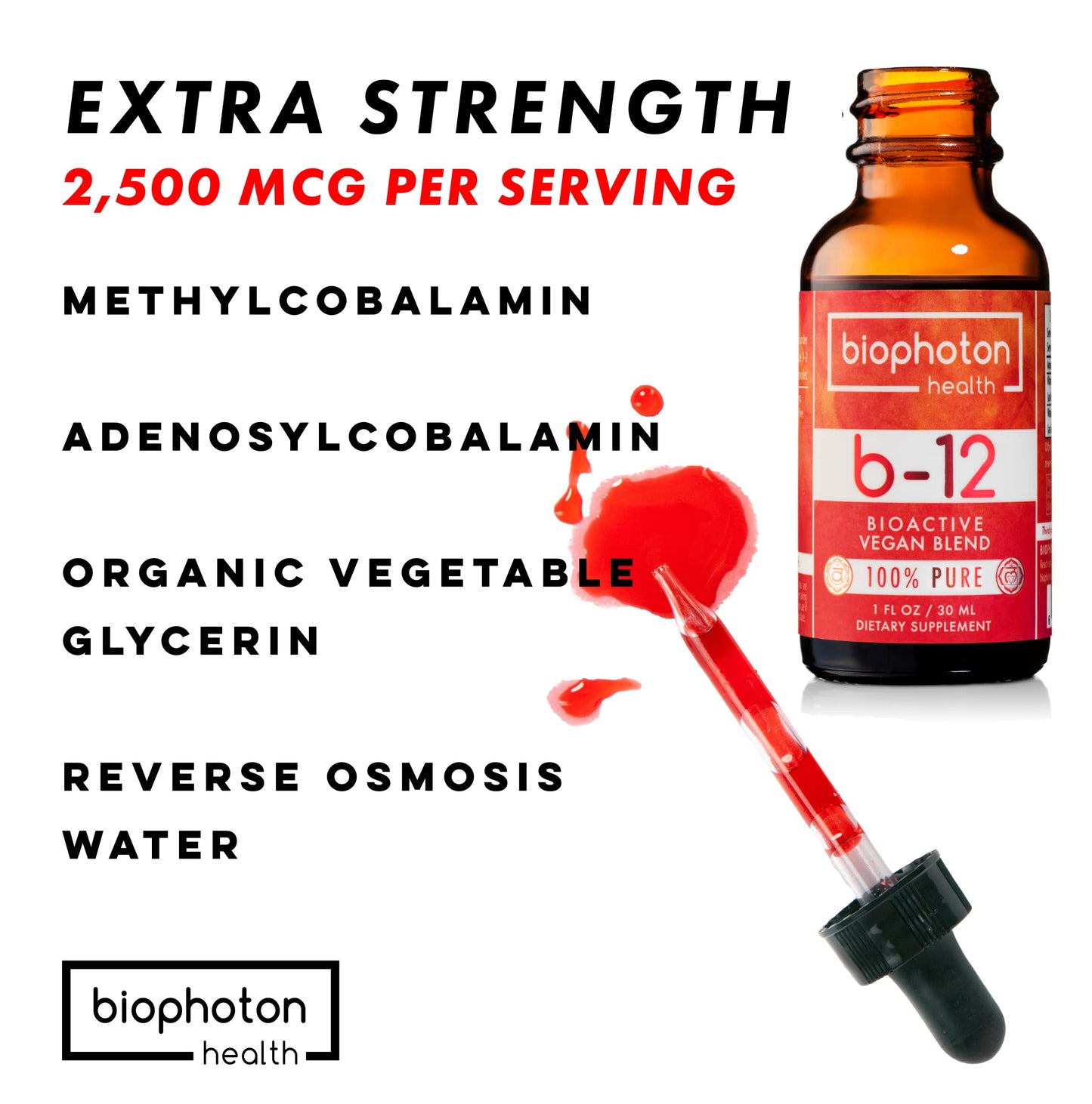 Etiqueta del suplemento vitamina B12 líquida Biophoton Health