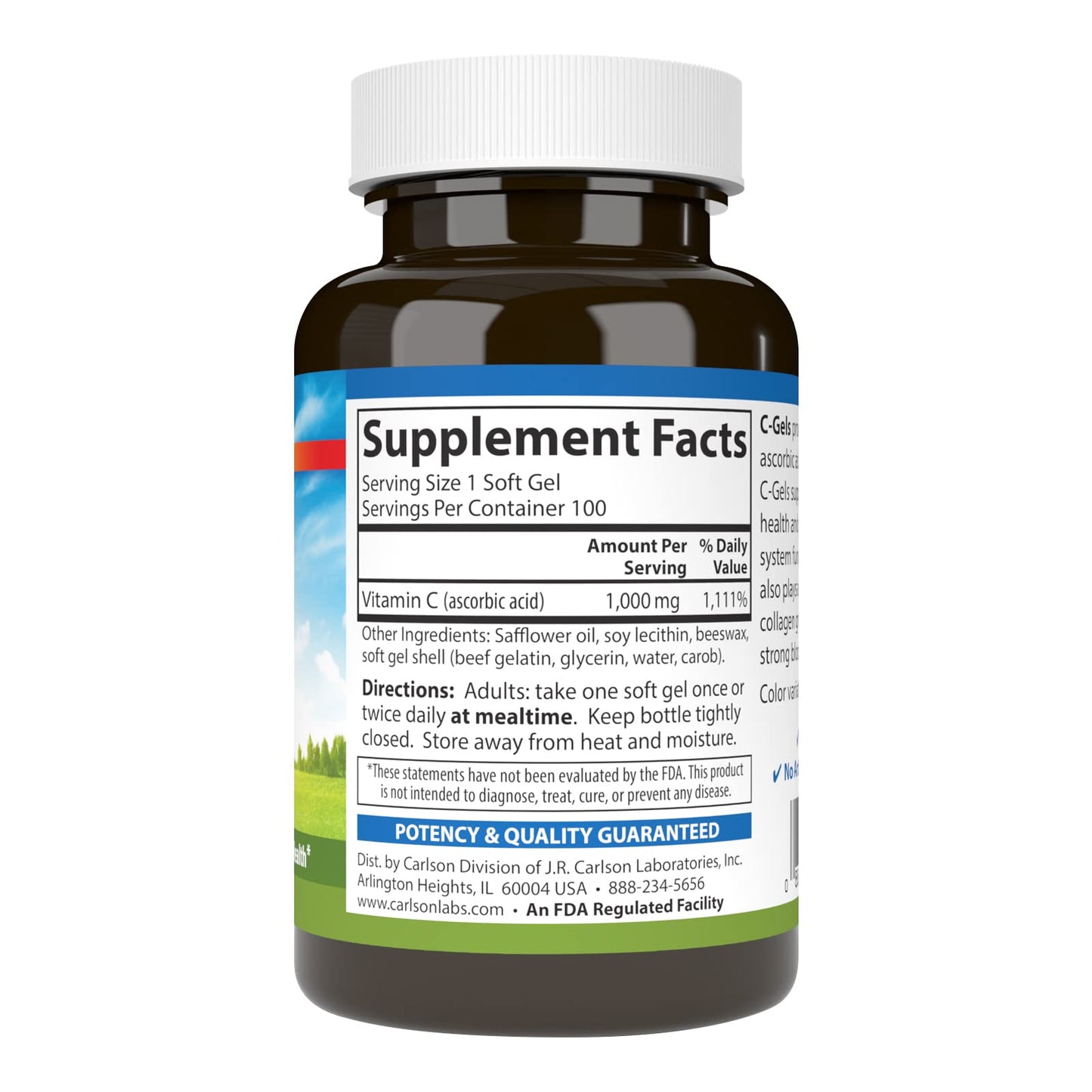 Etiqueta suplemento vitamina C Carlson C-Gels 100 cápsulas