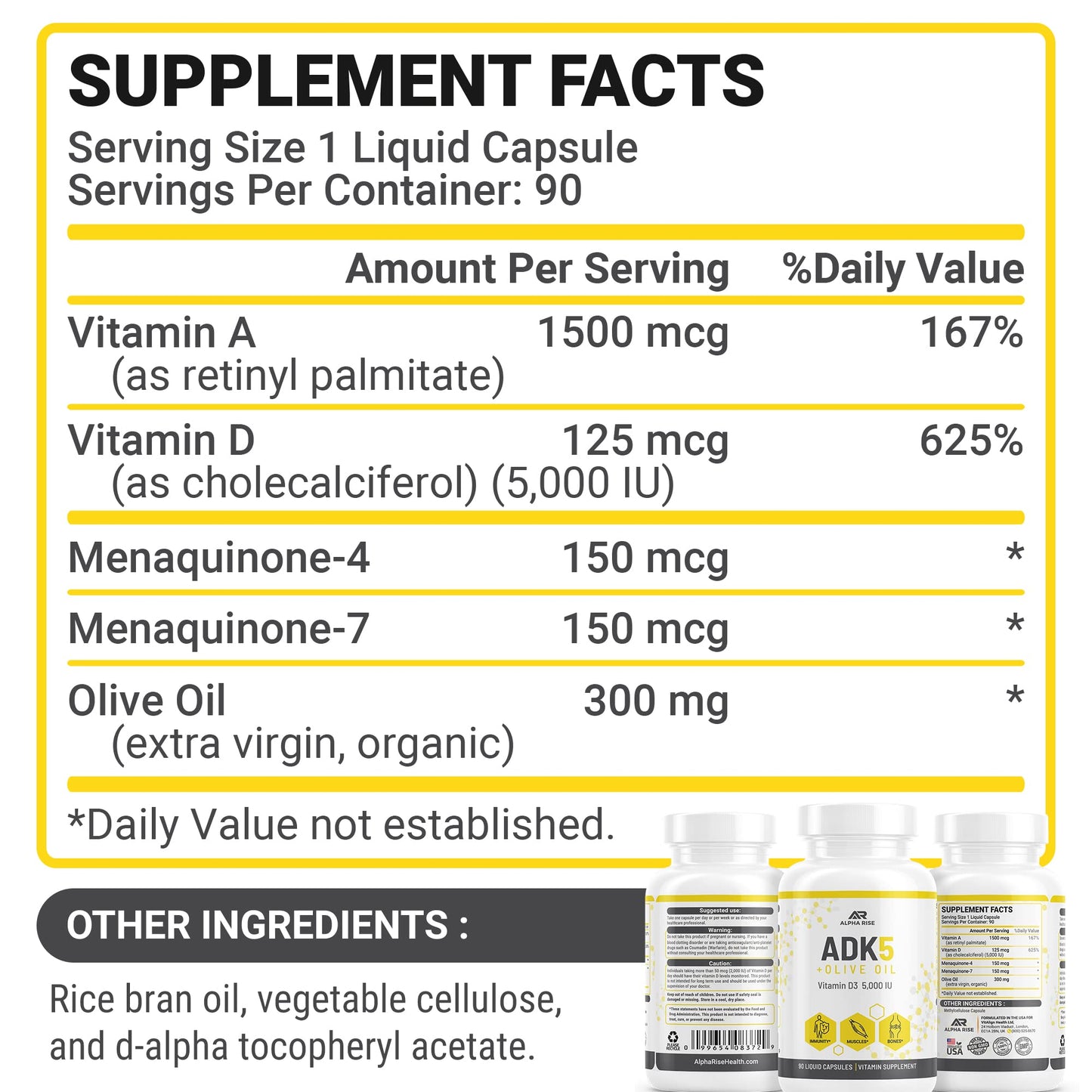 Etiqueta suplemento vitaminas ADK Alpha Rise 5000 UI D3 K2