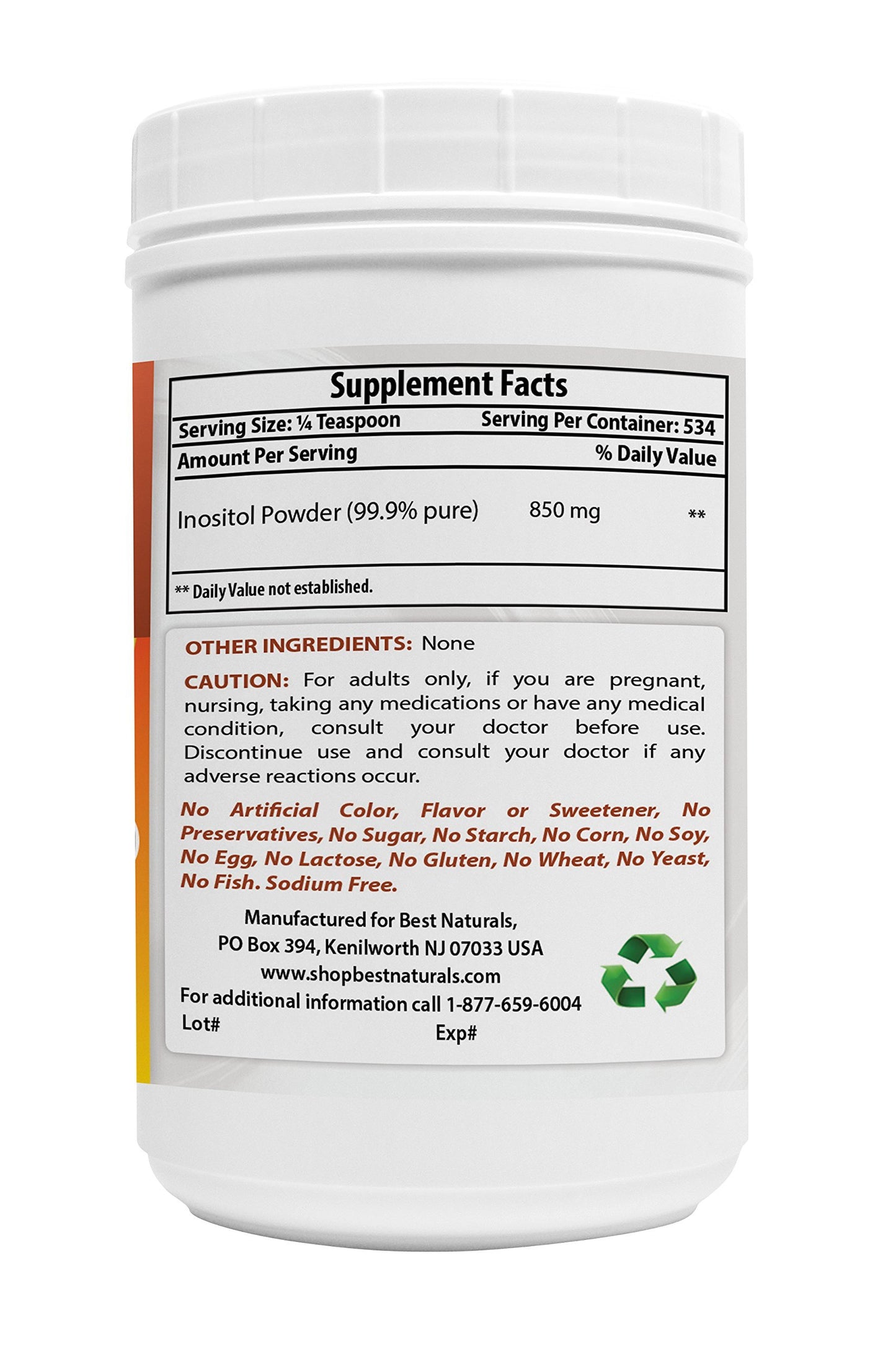 Etiqueta suplemento Best Naturals polvo puro de inositol vitamina B8