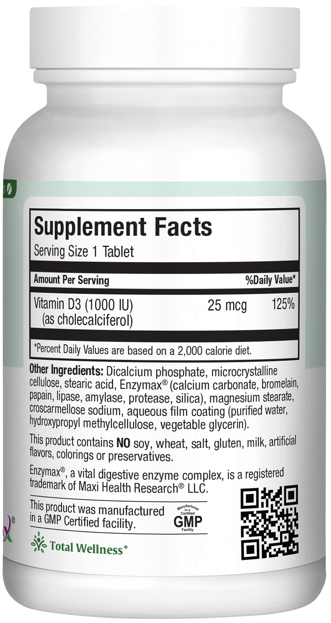 Etiqueta trasera Maxi Health vitamina D3 suplemento