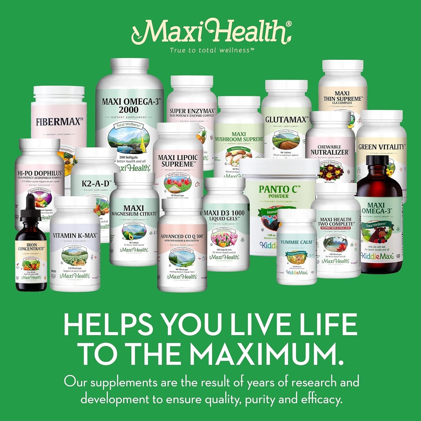 Botella Maxi Health mostrando etiqueta trasera con ingredientes.