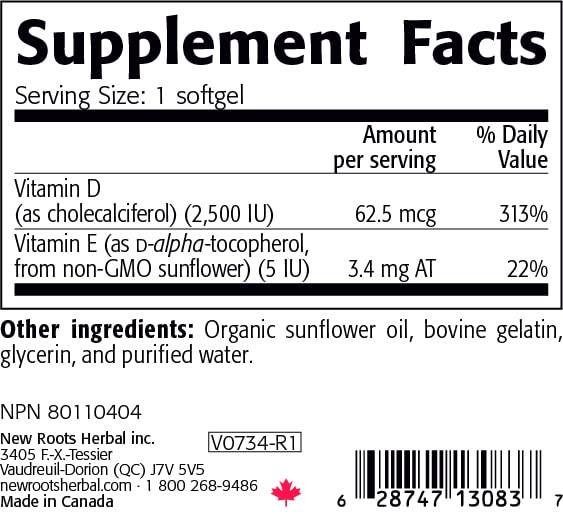 Etiqueta frontal Vitamin D3 2500 UI NEW ROOTS HERBAL