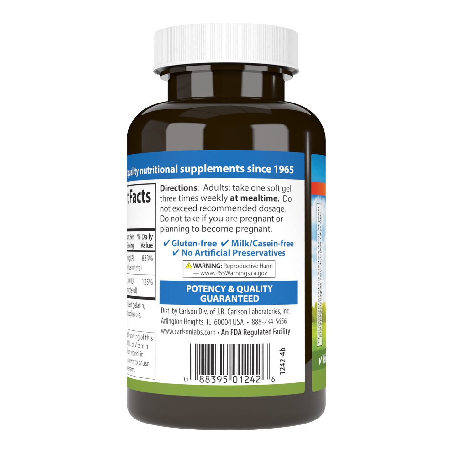 Etiqueta detallada de vitaminas A y D Carlson