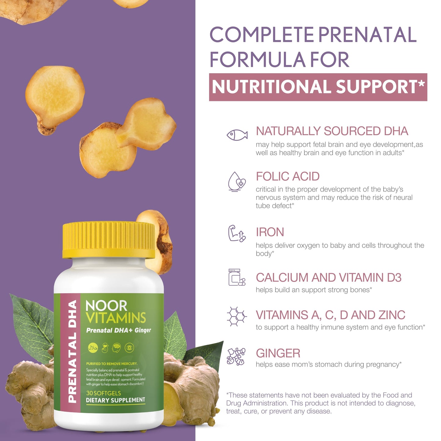 Etiqueta de vitaminas prenatales halal y sin gluten Noor