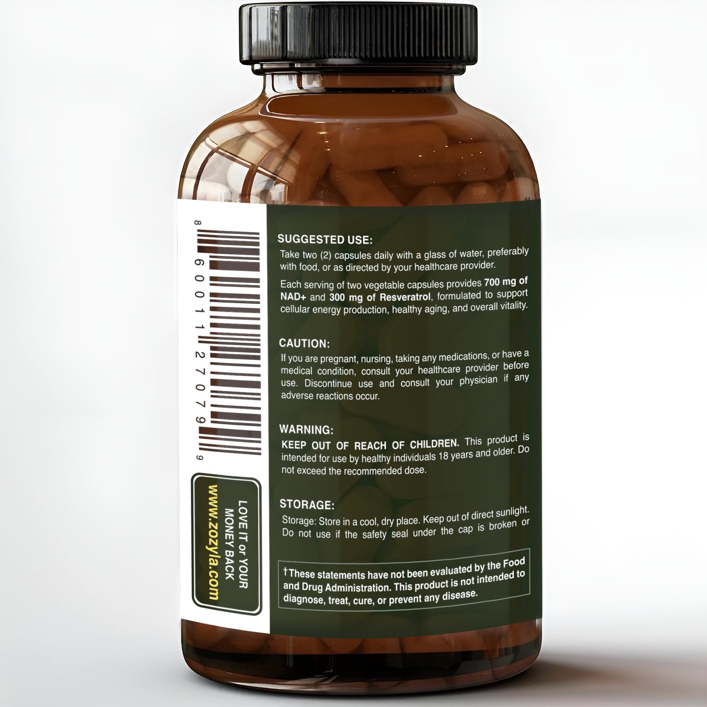 Etiqueta de ZOZYLA ZozylaNAD+ mostrando 1000mg por porción
