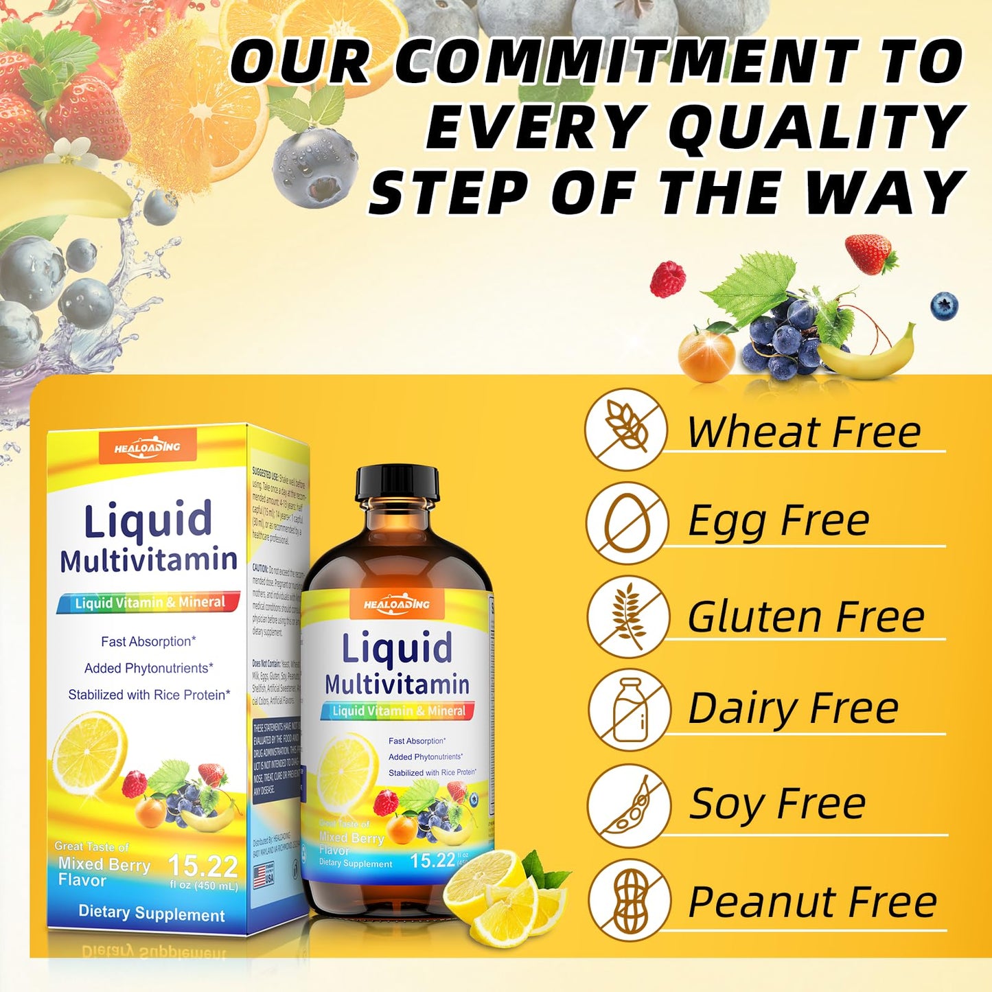 Etiquetas y contenido de multivitamínico líquido HEALOADING