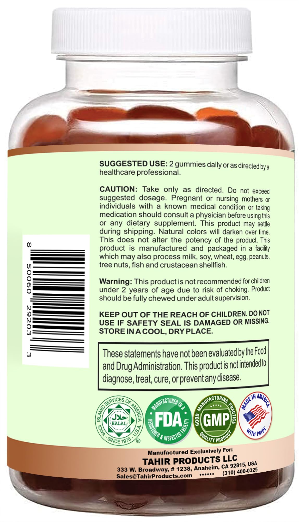 Etiquetas y especificaciones de las gomitas multivitamínicas Tahir