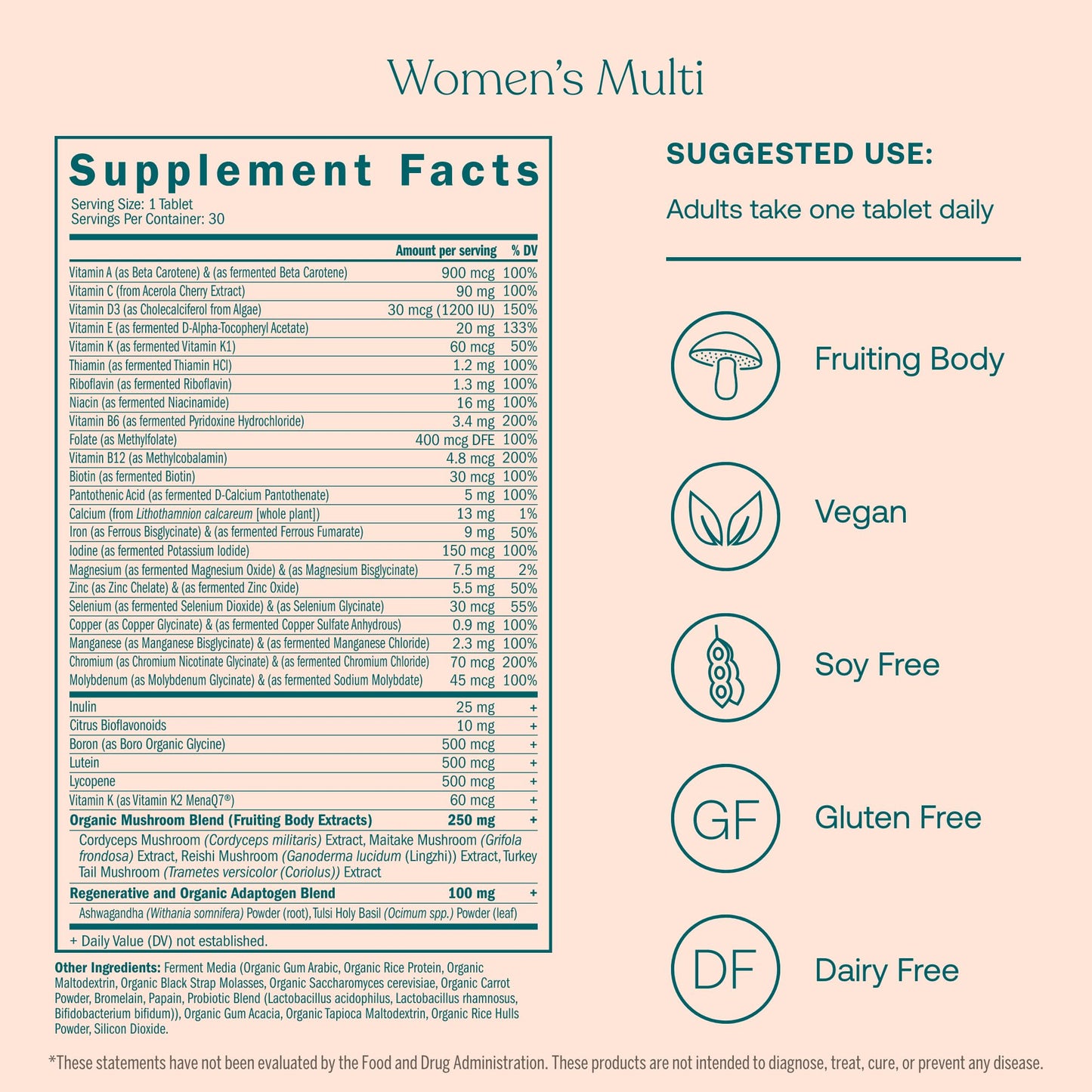 Etiquetas nutricionales del multivitamínico True Grace