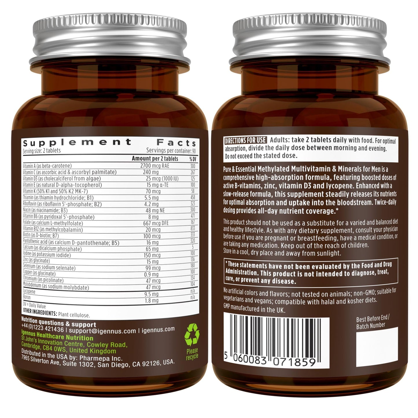 Etiquetas de suplemento en multivitamínico Igennus para hombres y niños.