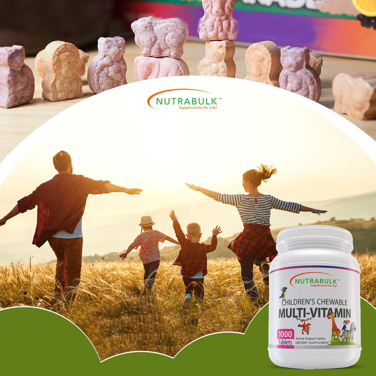 Familia disfrutando en el campo con multivitaminas.
