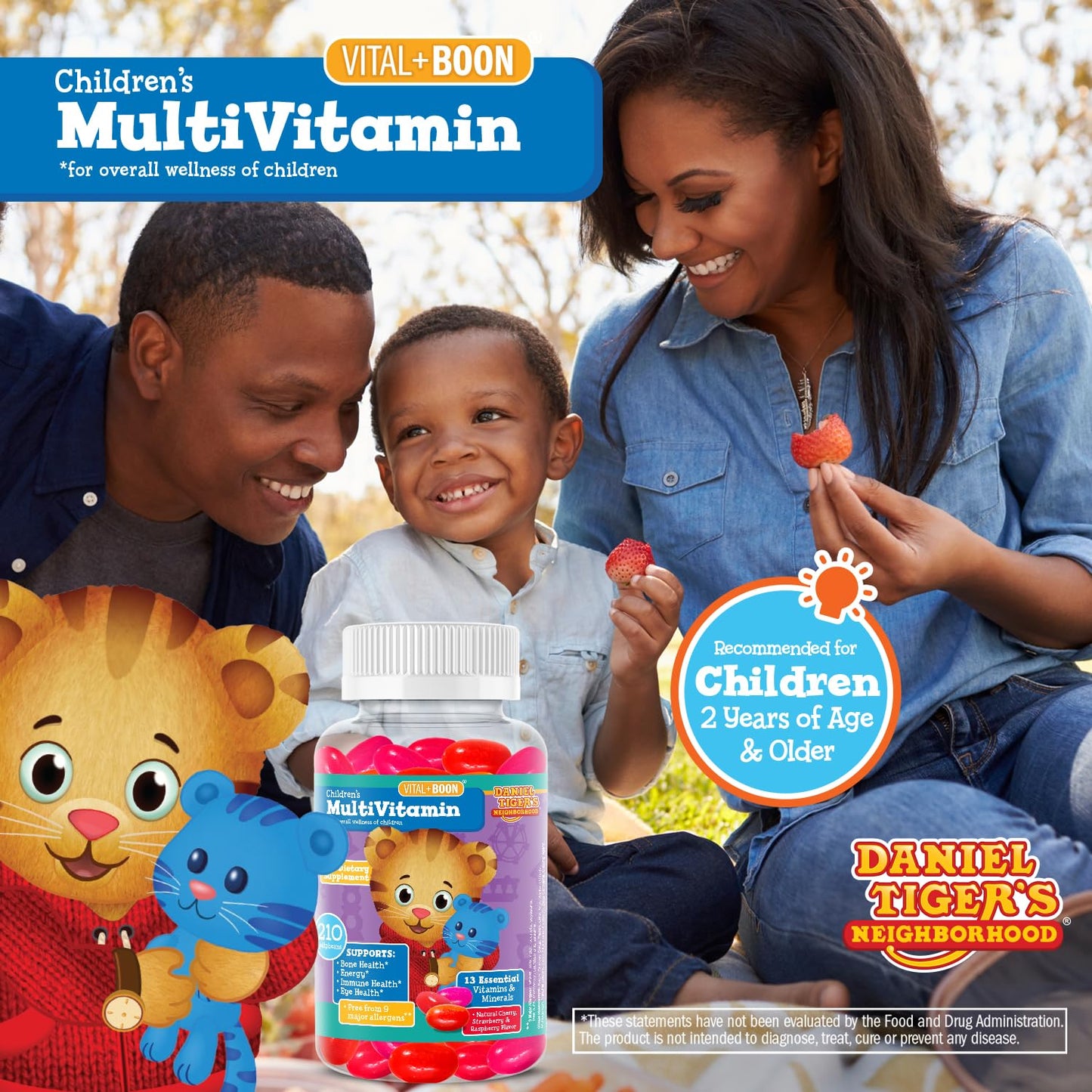 Familia disfrutando de multivitaminas Daniel Tiger para niños.