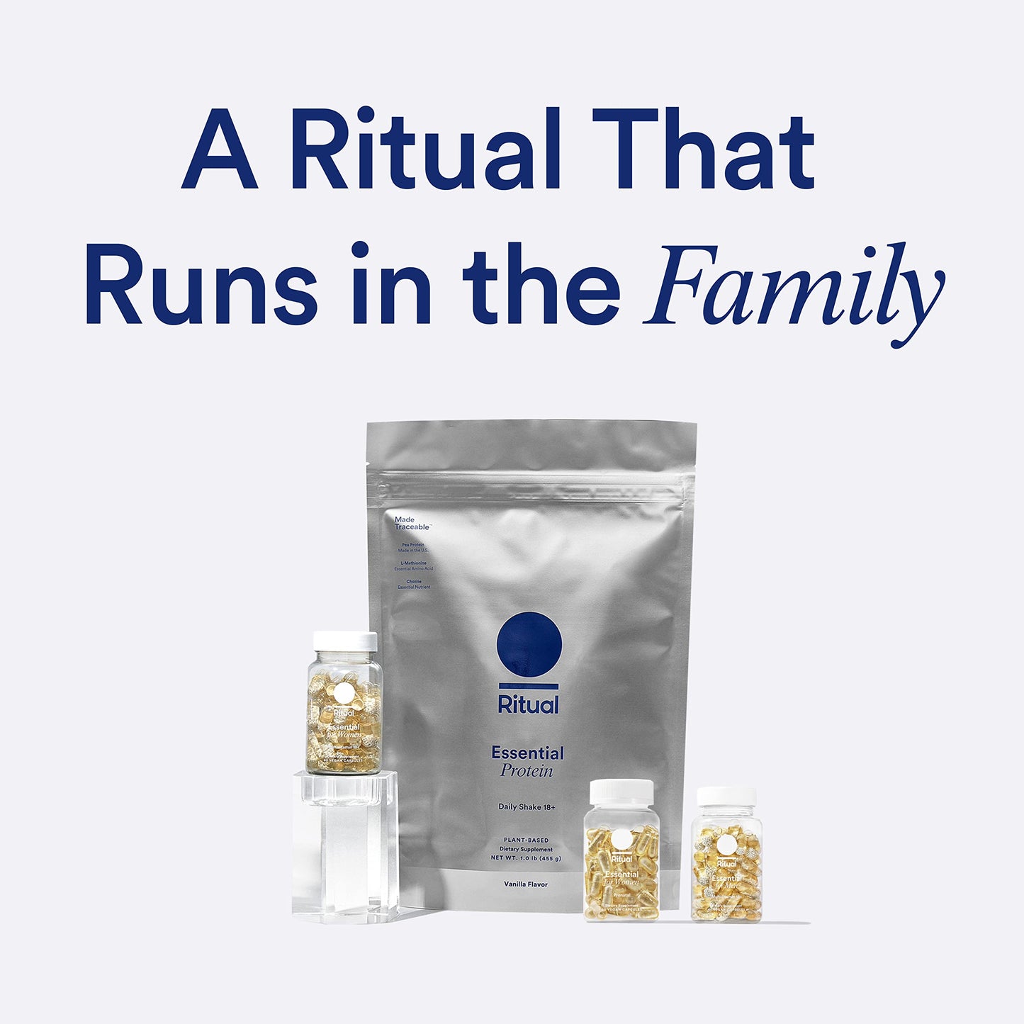 Familia de productos Ritual incluyendo multivitamínico y proteína