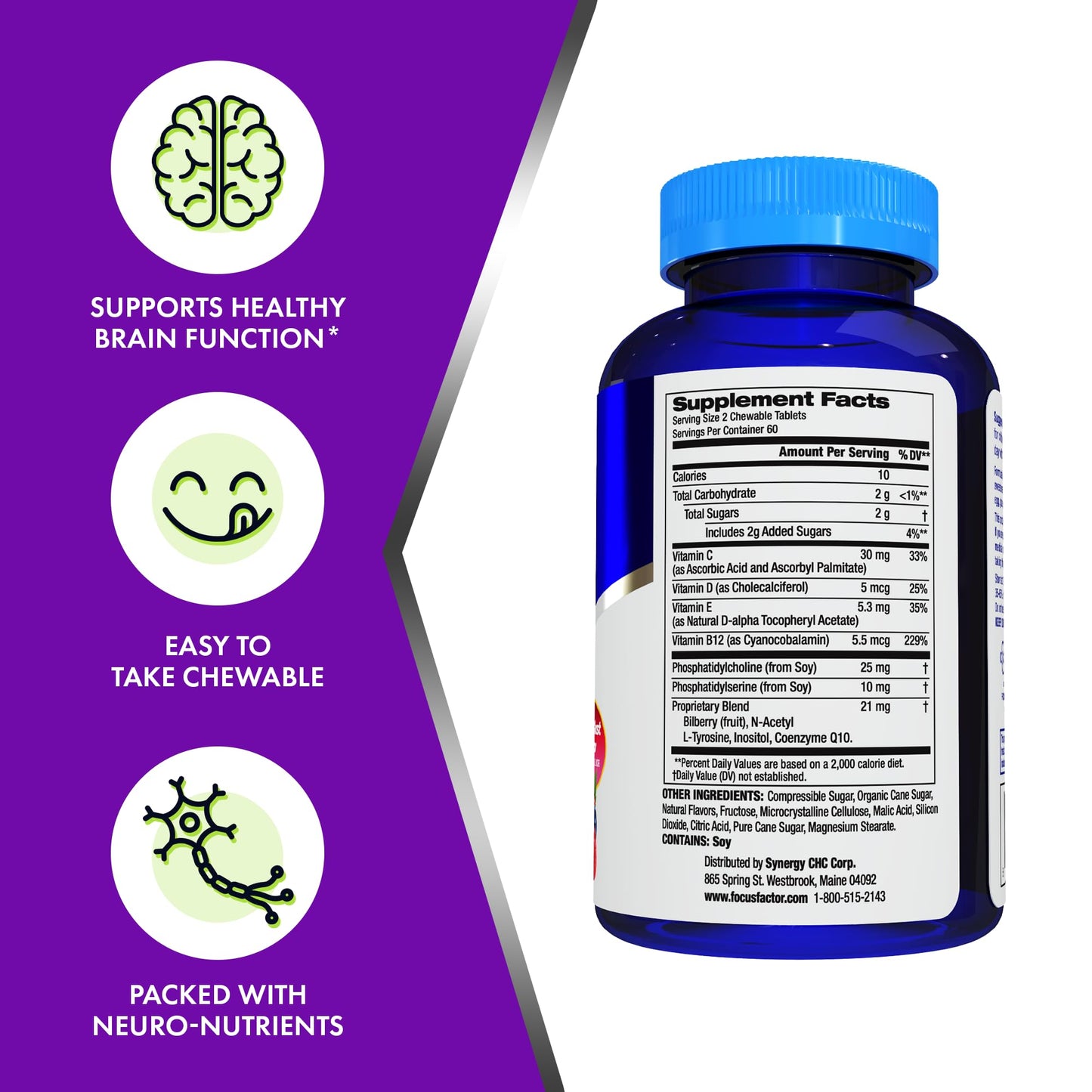 Suplemento Focus Factor Niños, salud cerebral con vitaminas.