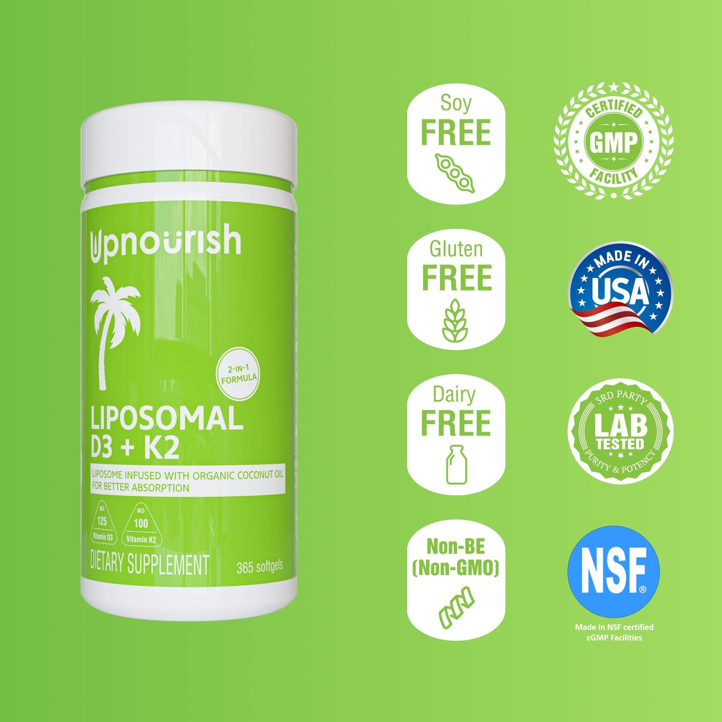 Fórmula avanzada liposomal UpNourish D3 y K2 MK-7