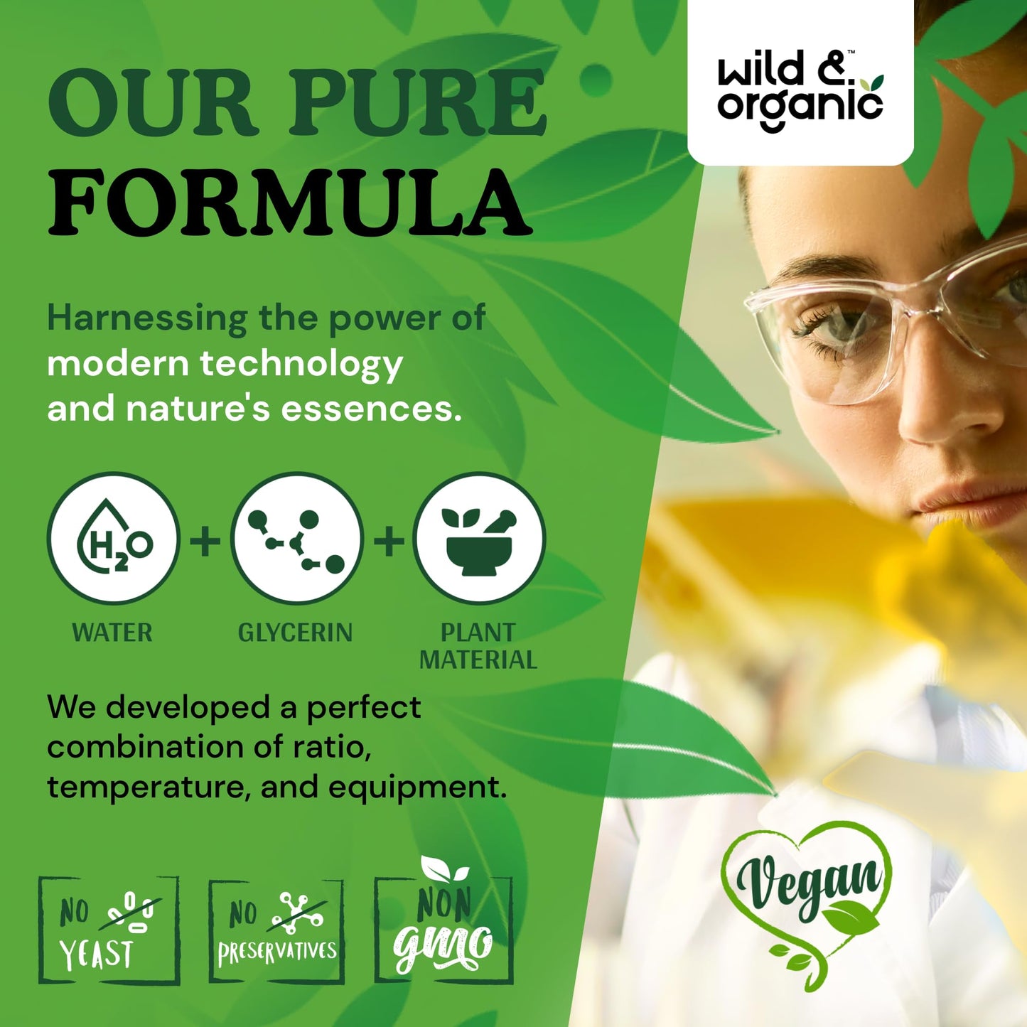 Fórmula pura de Wild & Organic con agua, glicerina y planta