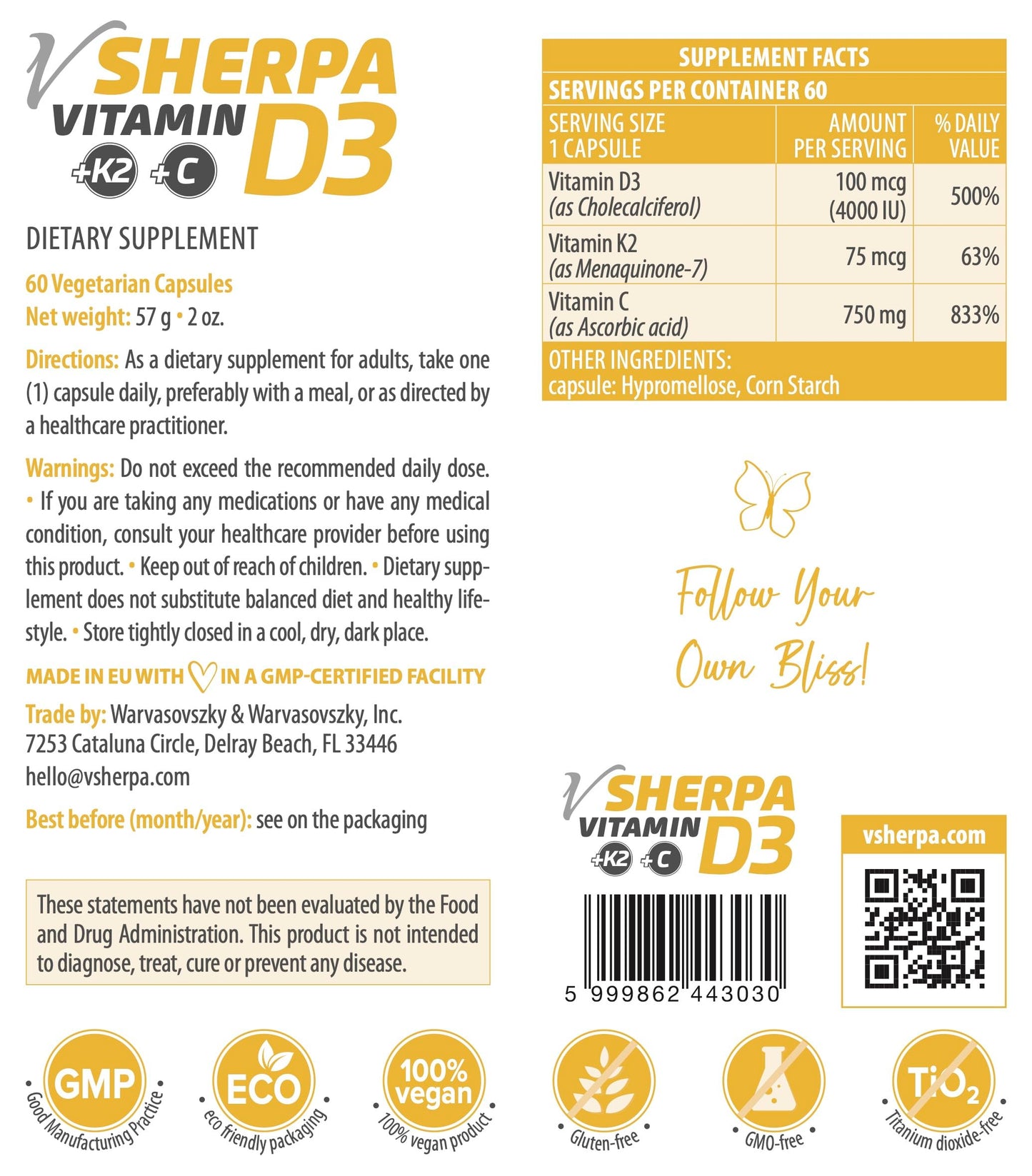 Fórmula sinérgica vSherpa vitamina d3 con k2 y vitamina c vegana