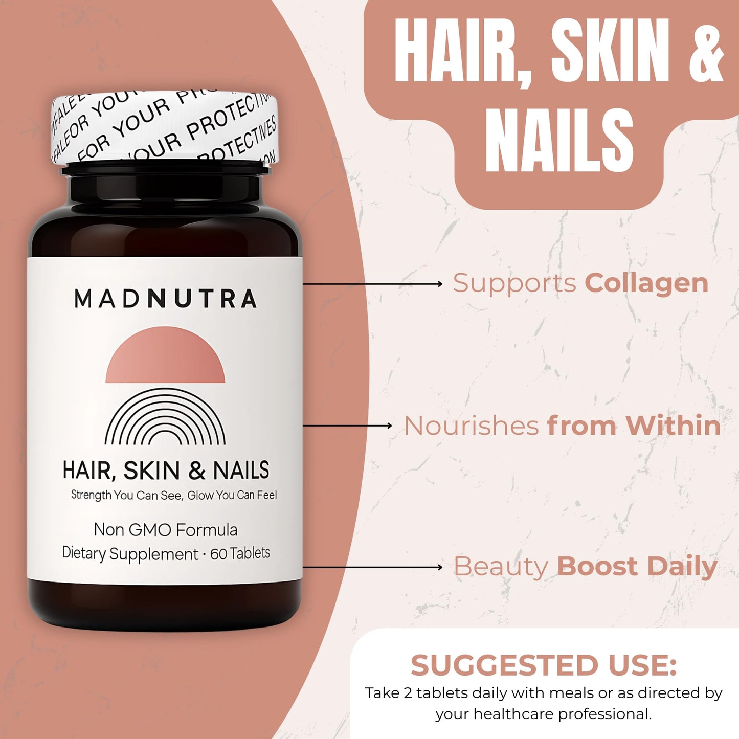 Frasco de MadNutra con biotina y vitaminas