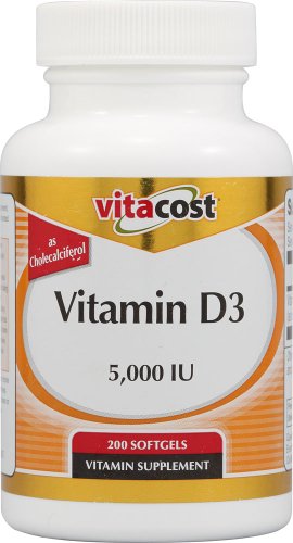 Frasco Vitacost vitamina D3 5000 UI 200 cápsulas blandas