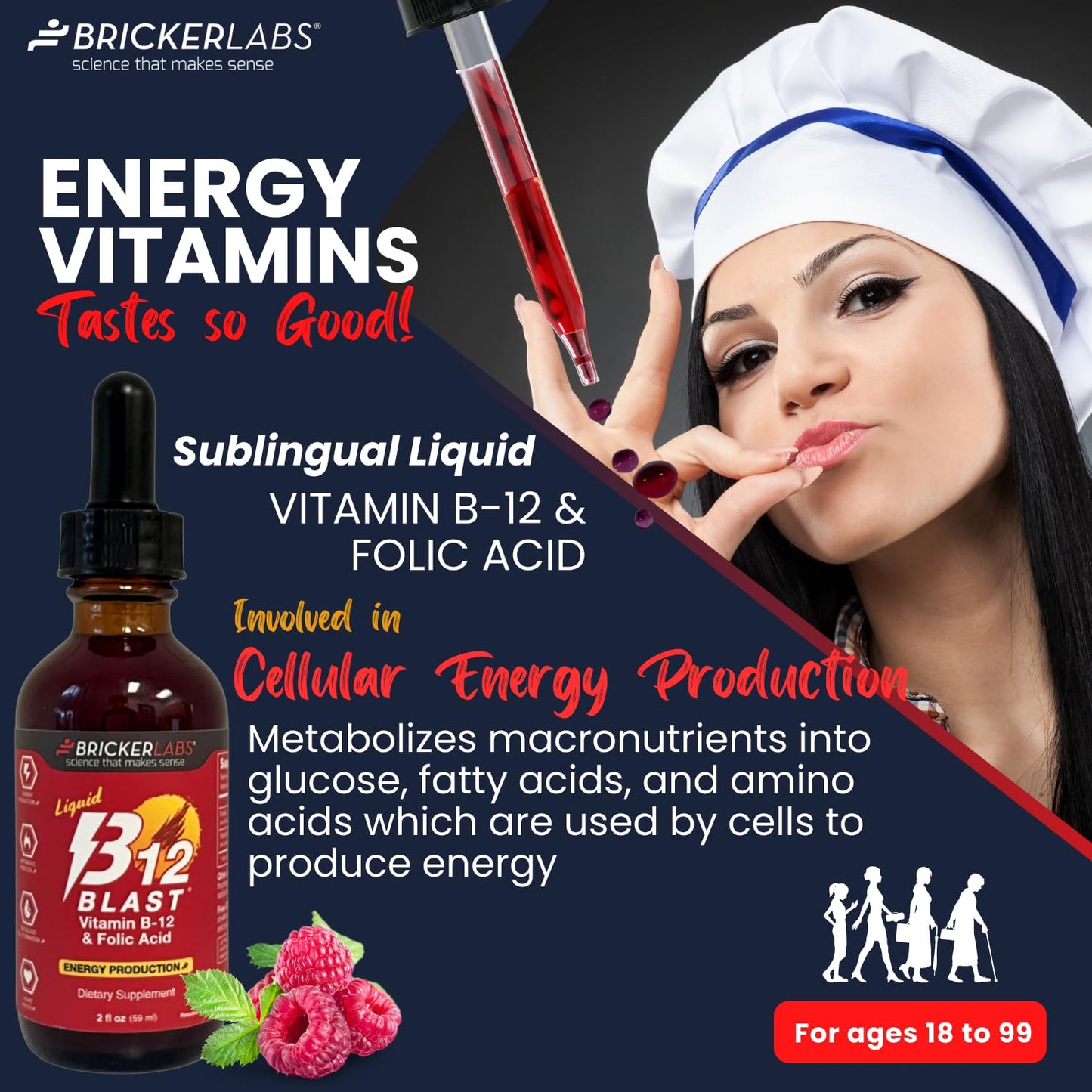 Frasco 2 fl oz Bricker Labs B-12 Blast vitaminas B líquidas sabor frambuesa