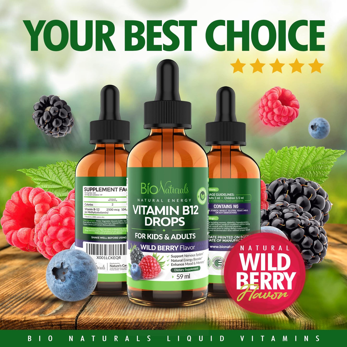 Frasco abierto gotas vitamina B12 Bio Naturals sabor baya