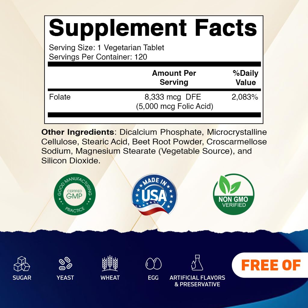Frasco de ácido fólico Vitamatic 5mg alta potencia vitamina B9