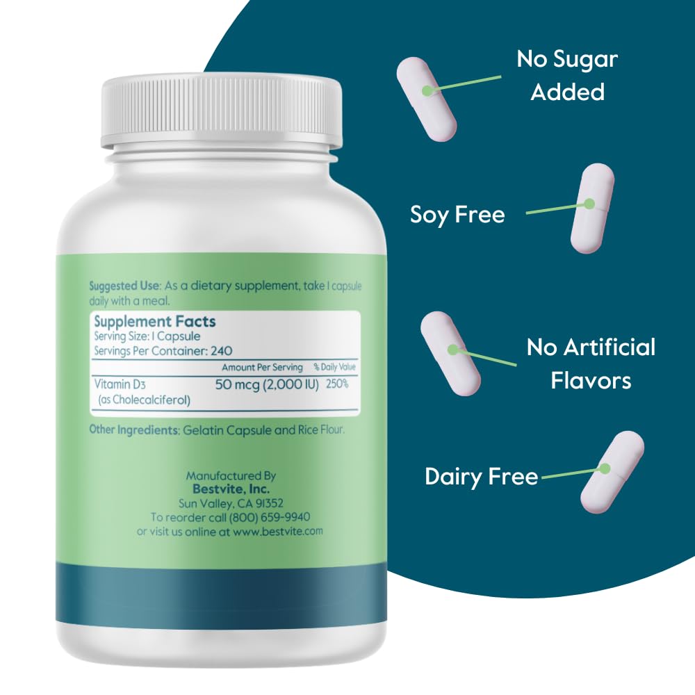 Frasco Bestvite suplemento vitamina d3 2000 ui 240 cápsulas