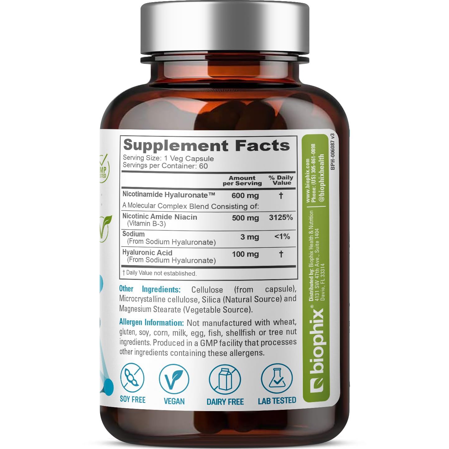 Frasco biophix nicotinamida 600mg suplemento piel