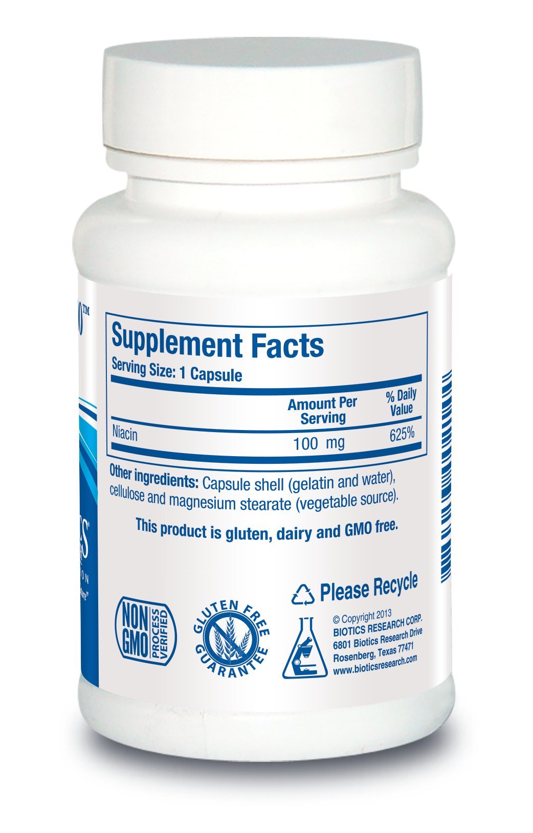 Frasco de Biotics Research Niacina 100 mg en cápsulas