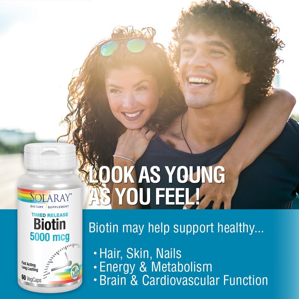 Frasco de biotina 5000 mcg SOLARAY para cabello saludable