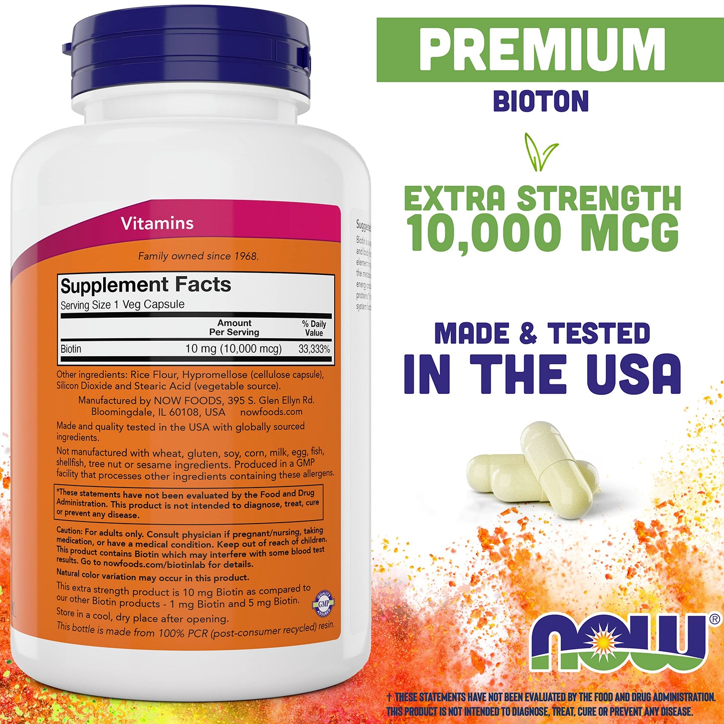Frasco biotina NOW Foods 10000mcg 200 cápsulas vegetales