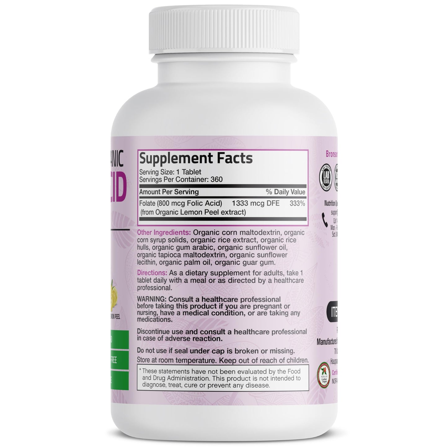 Frasco Bronson Folic Acid 800 mcg folato natural de limón