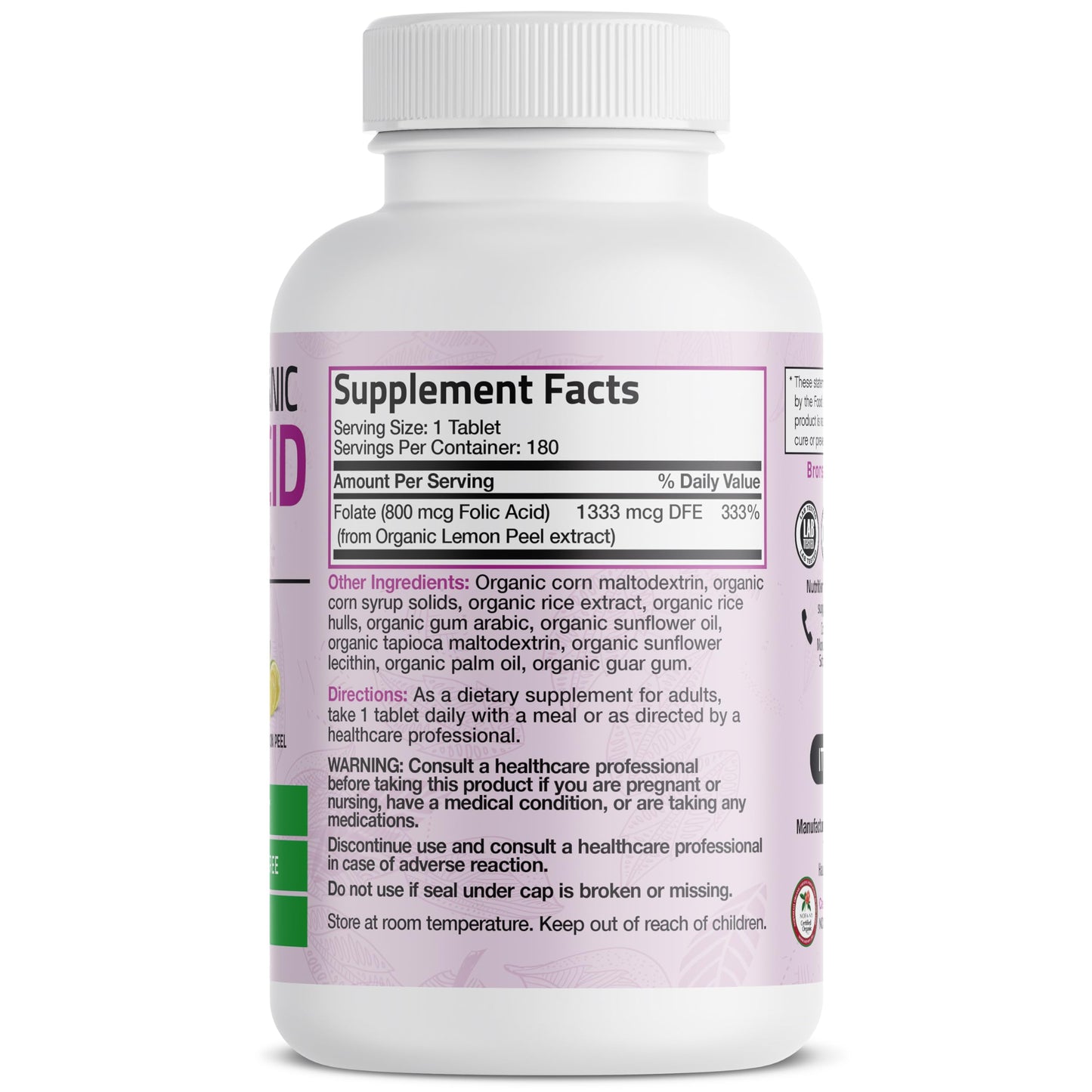 Frasco Bronson Folic Acid 800 mcg folato natural