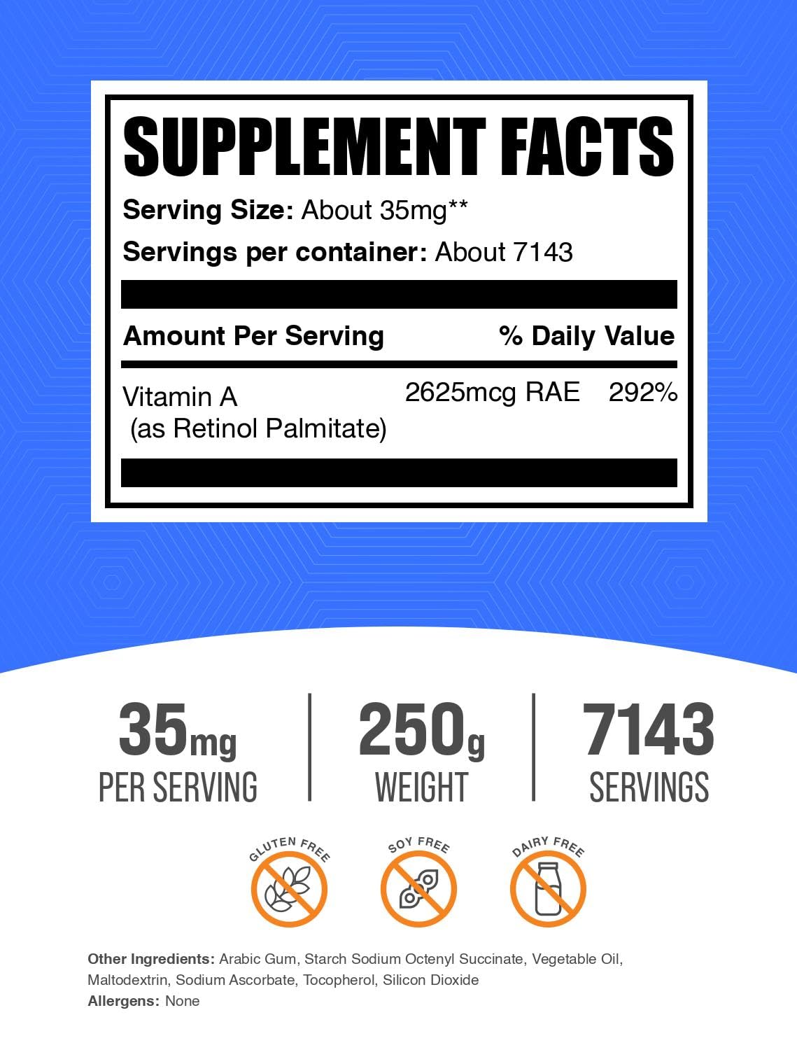Frasco BulkSupplements polvo vitamina A palmitato 35mg por porción