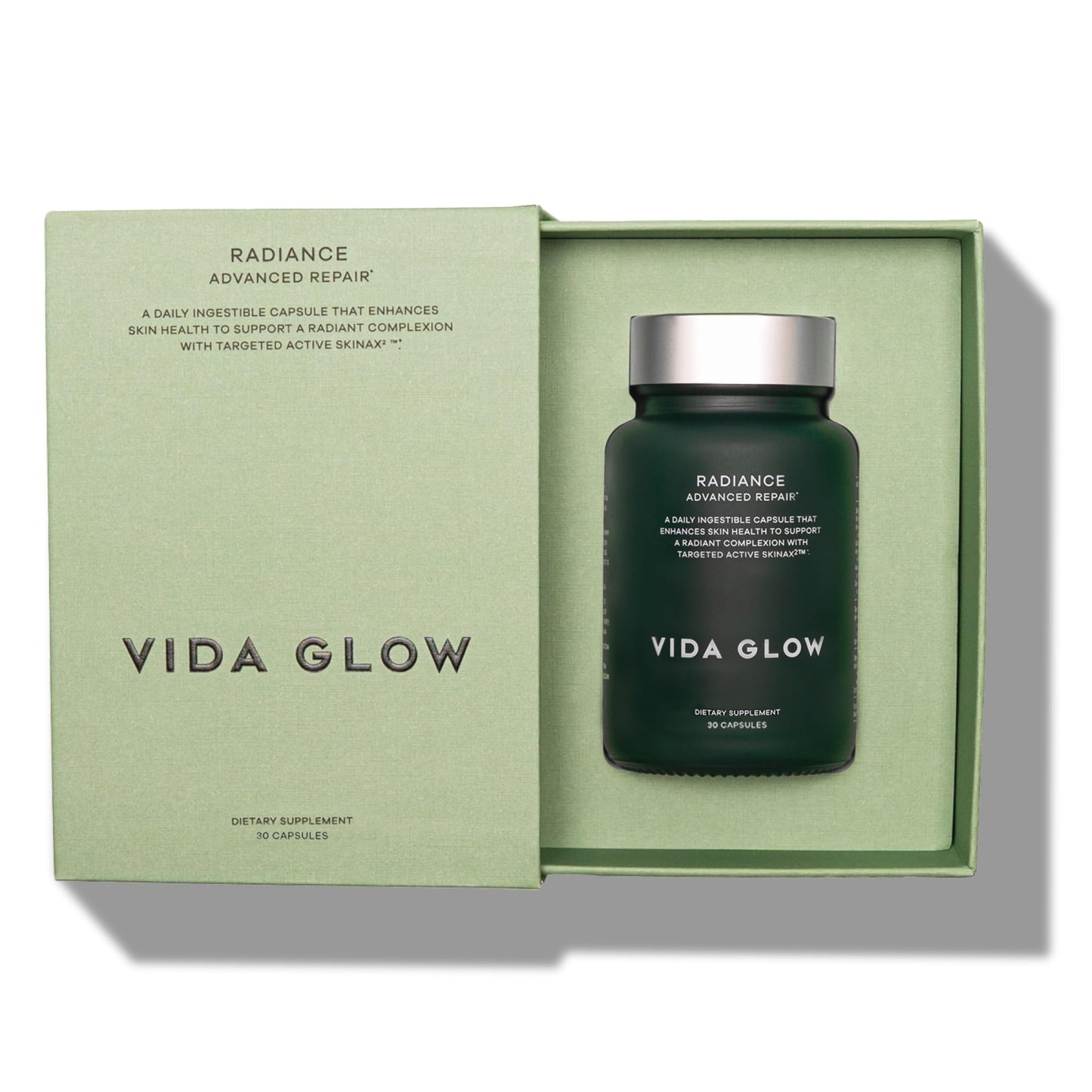 Frasco y caja Vida Glow Radiance cápsulas para piel uniforme