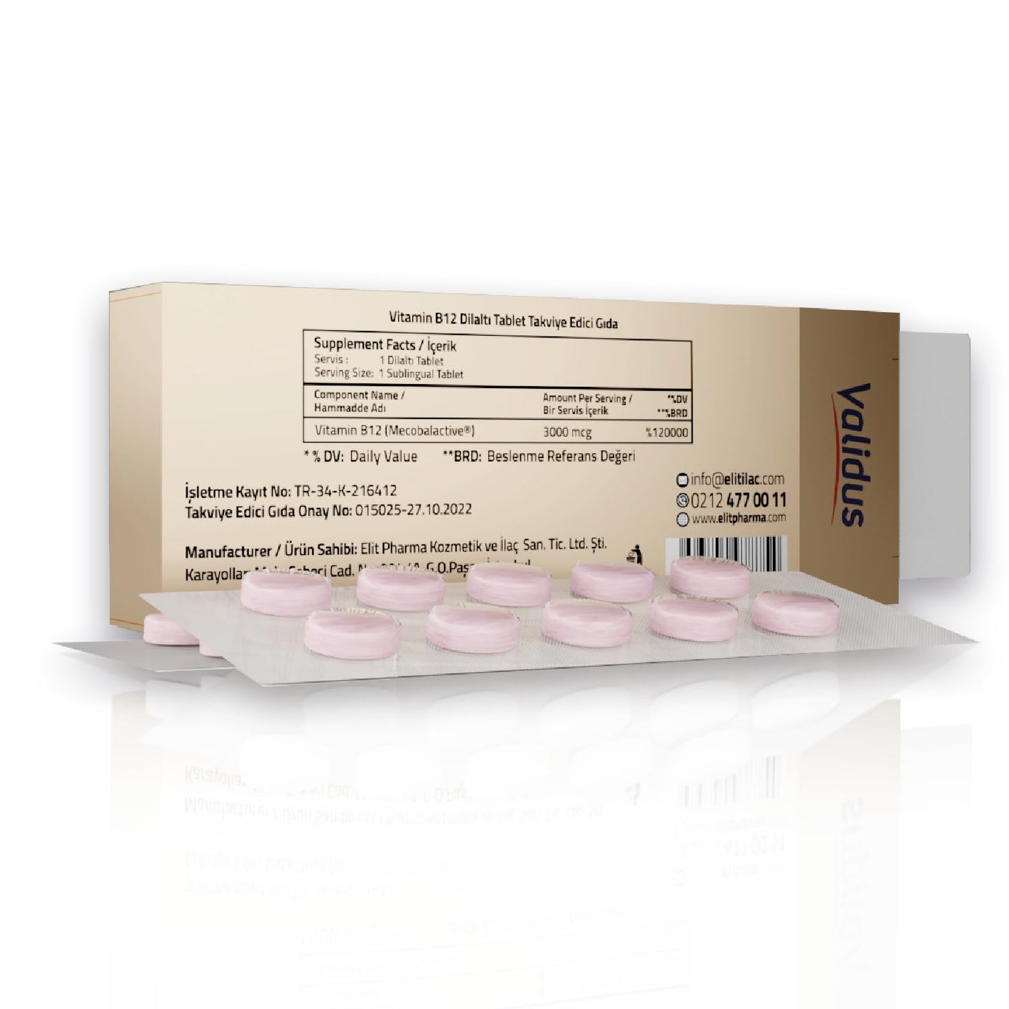 Frasco y caja vitamina B12 VALIDUS 3000 mcg