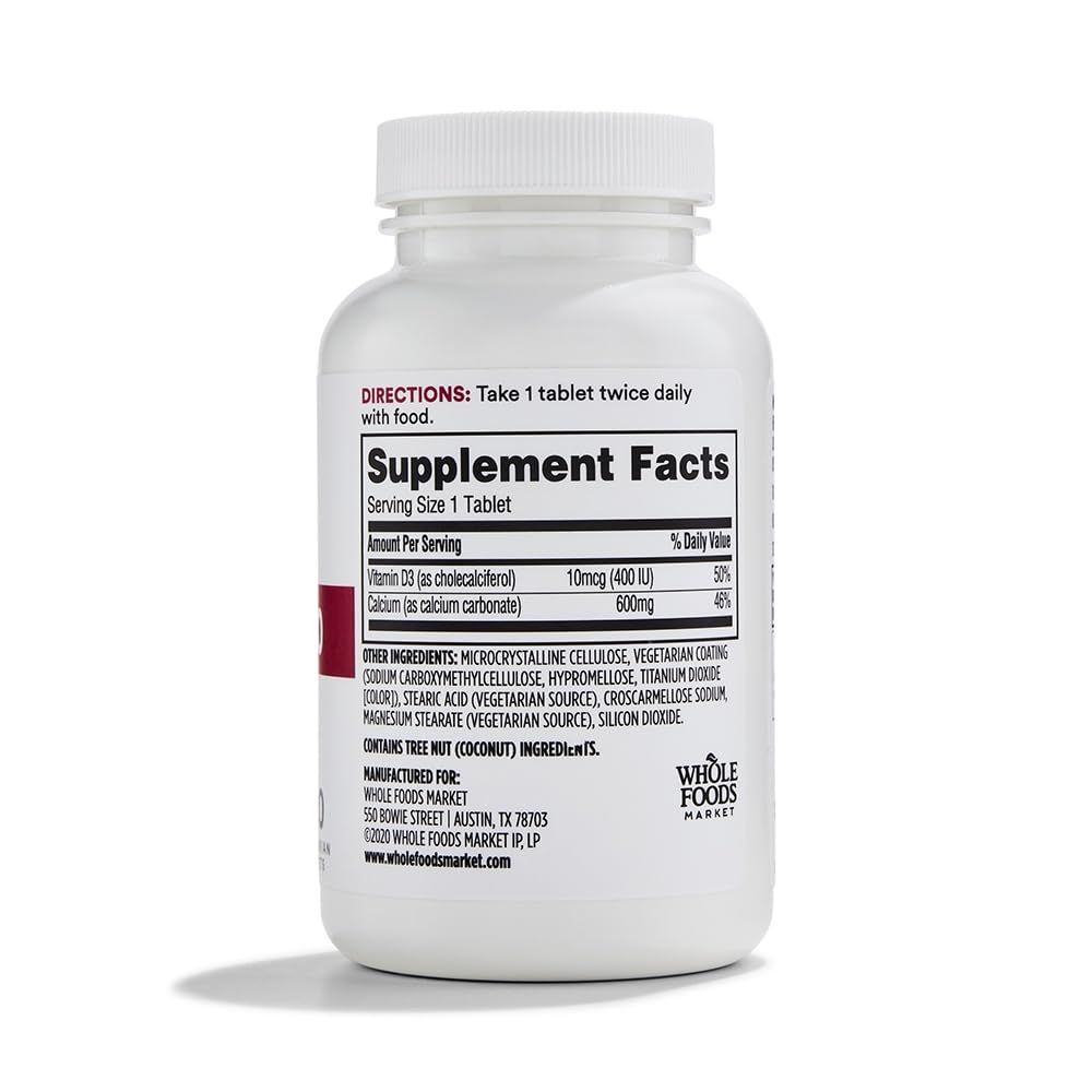 Frasco suplemento Calcio 600 con Vitamina D3 Whole Foods
