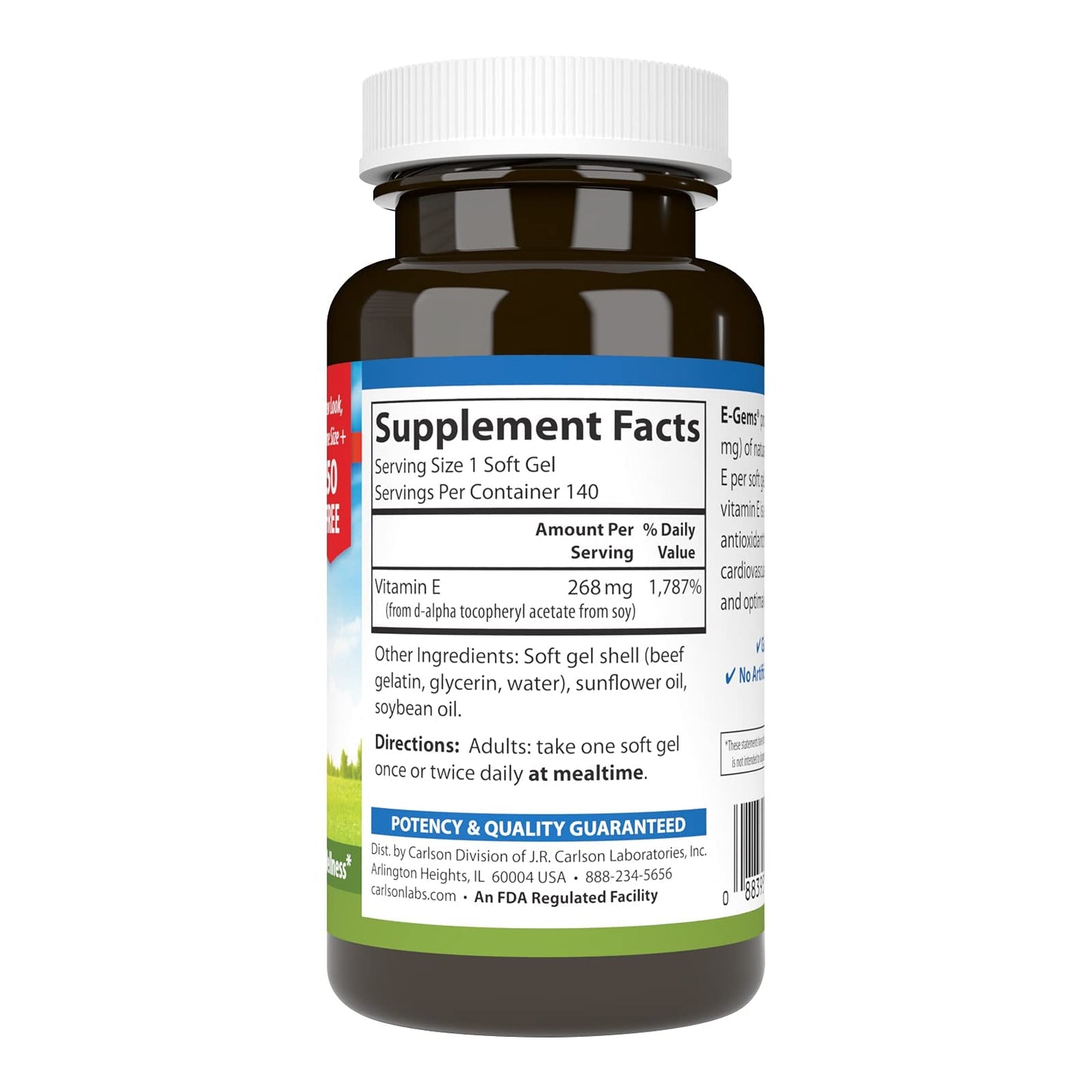 Frasco de cápsulas blandas Carlson E-Gems Vitamina E