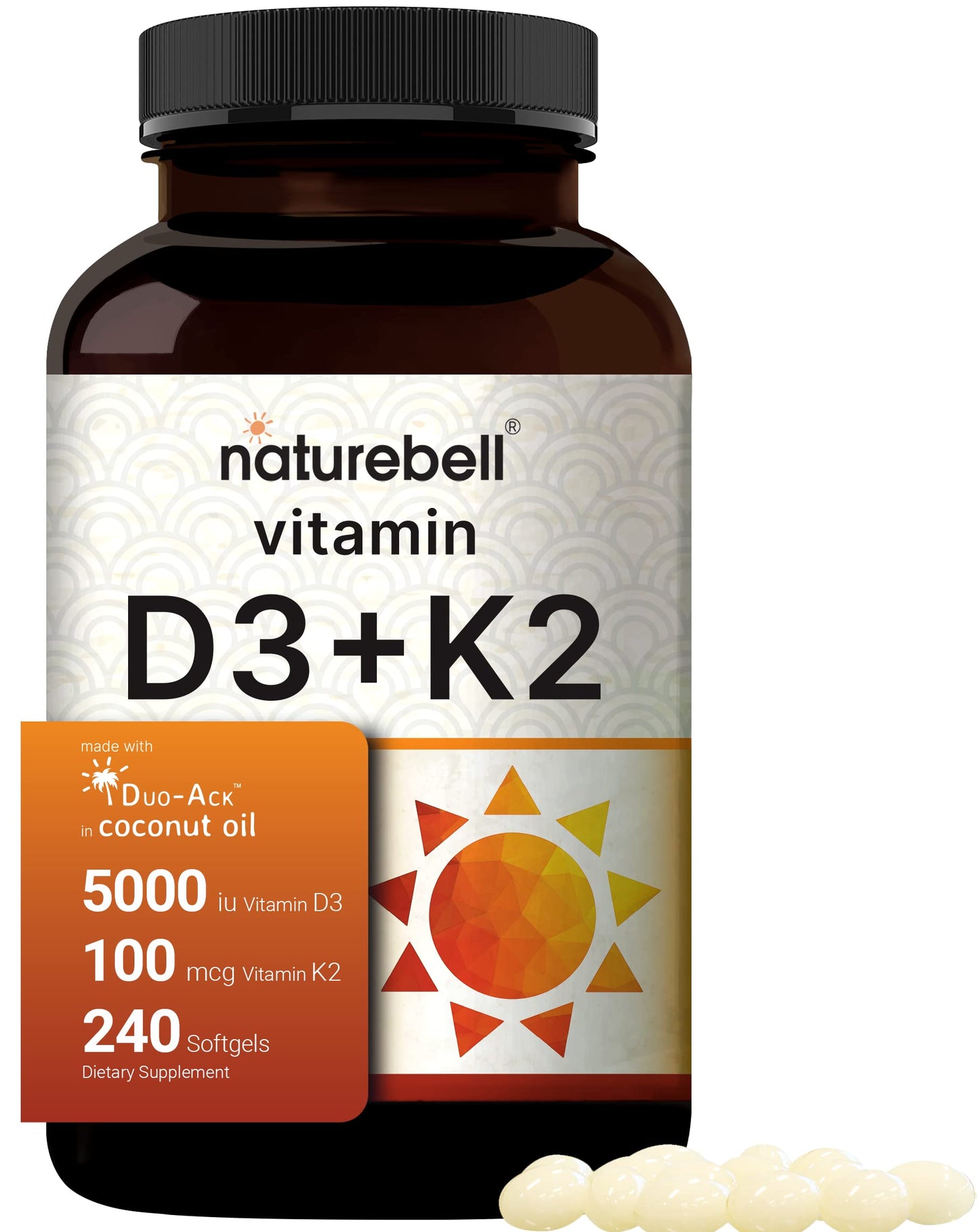 Frasco cápsulas blandas vitamina D3 K2 NatureBell 240 unidades