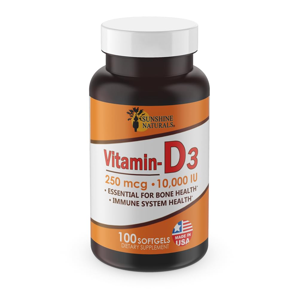 Frasco de cápsulas blandas de Vitamina D3 Sunshine Naturals 10000 UI