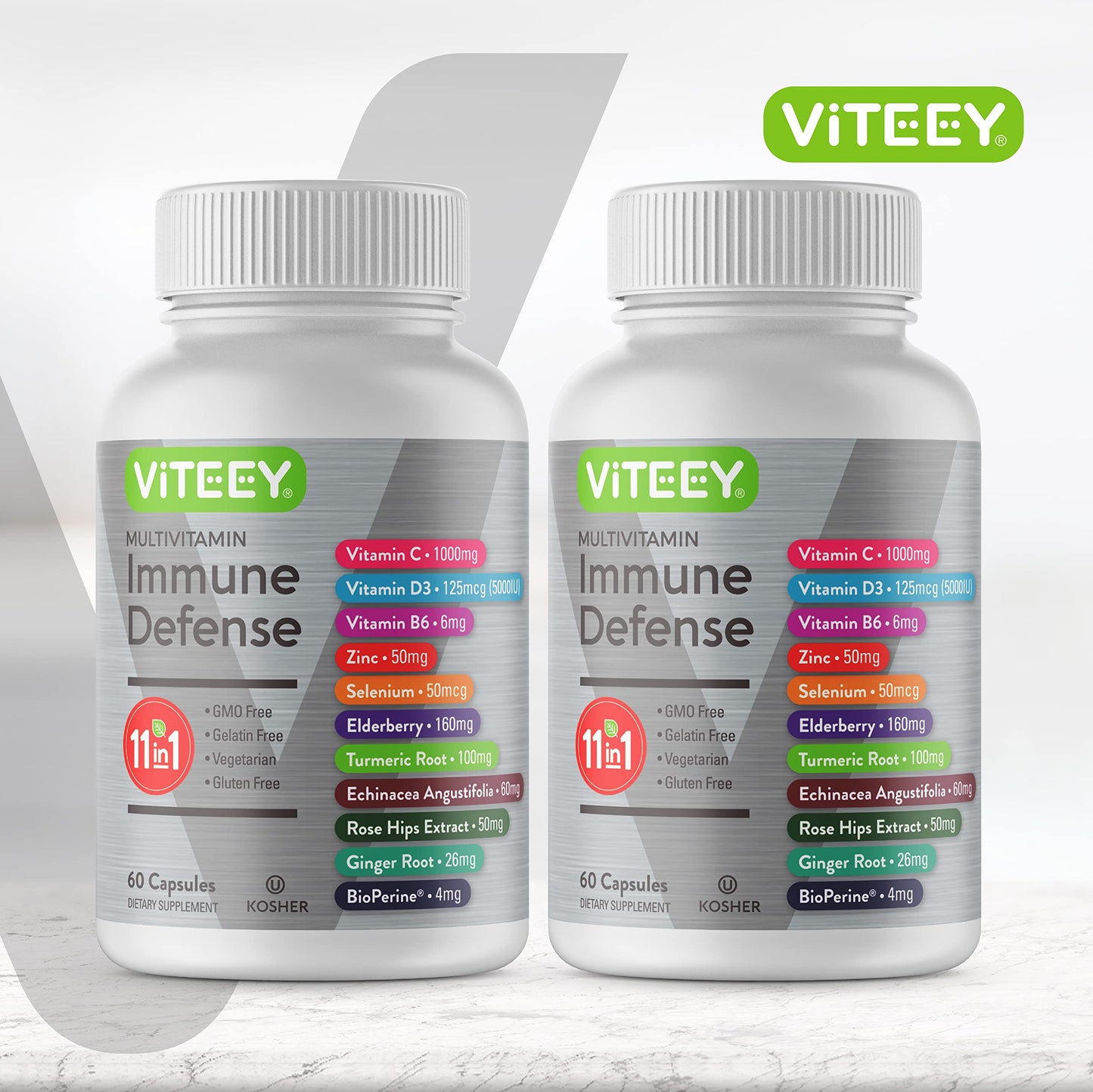 Dos frascos de cápsulas de defensa inmune Viteey multivitamínico.