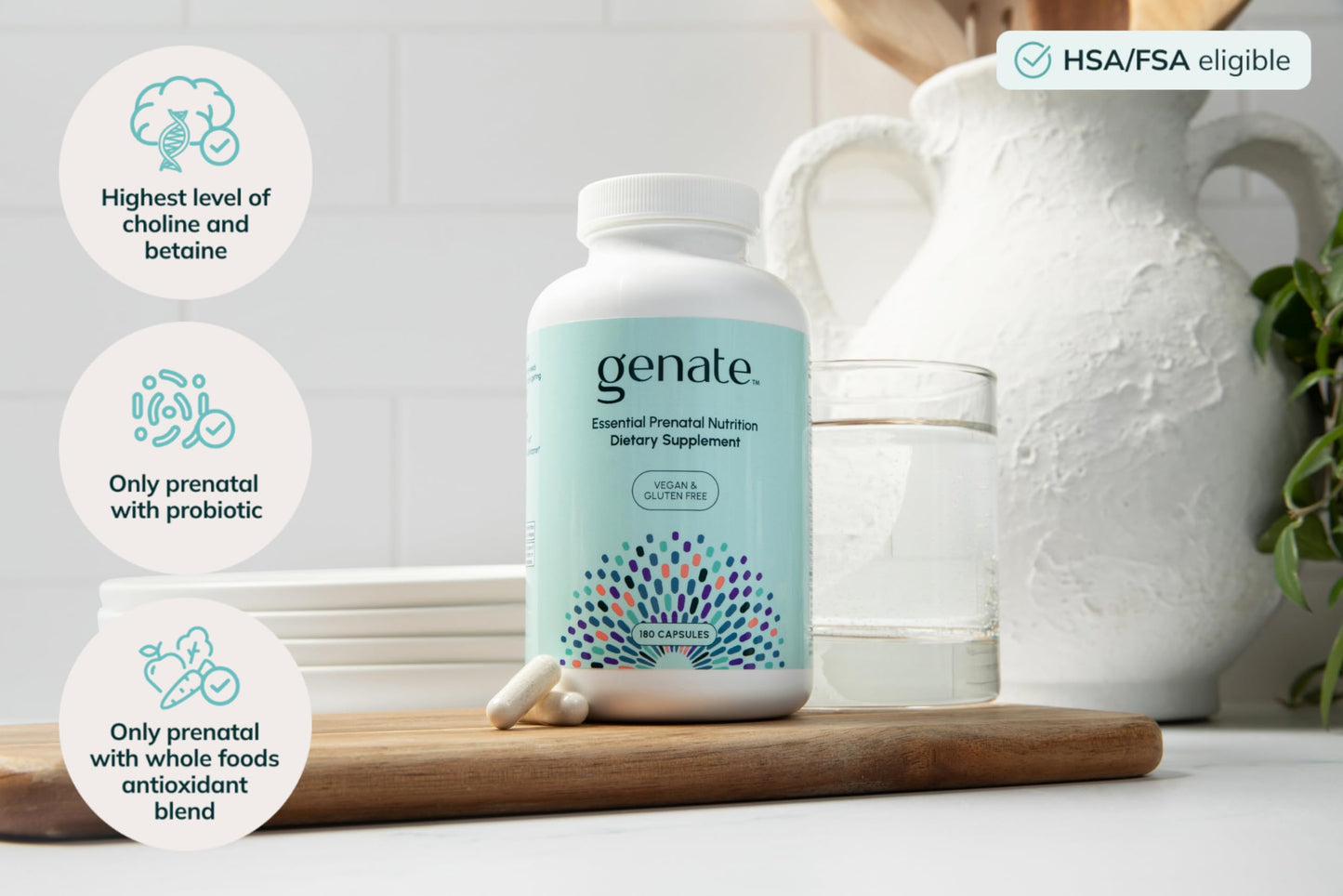 Frasco y cápsulas Genate multivitaminico prenatal